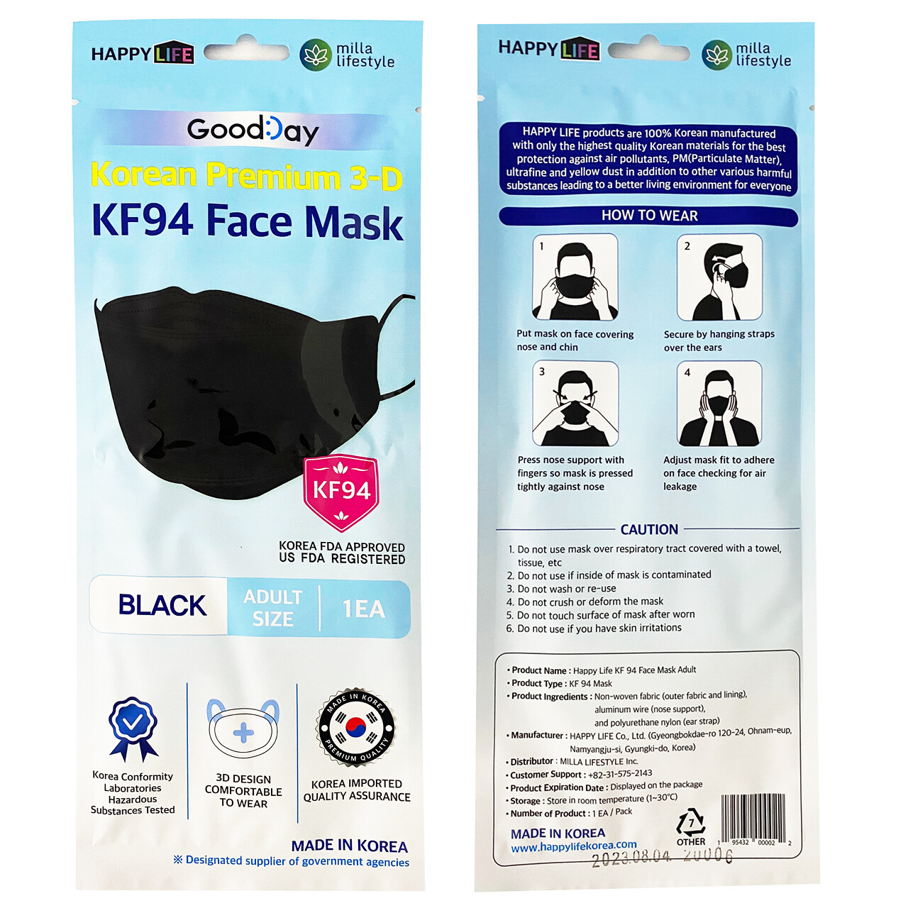 100 PCS KF94 BLACK Protective Safety Face Mask Adult Made in Korea KFDA Approved
