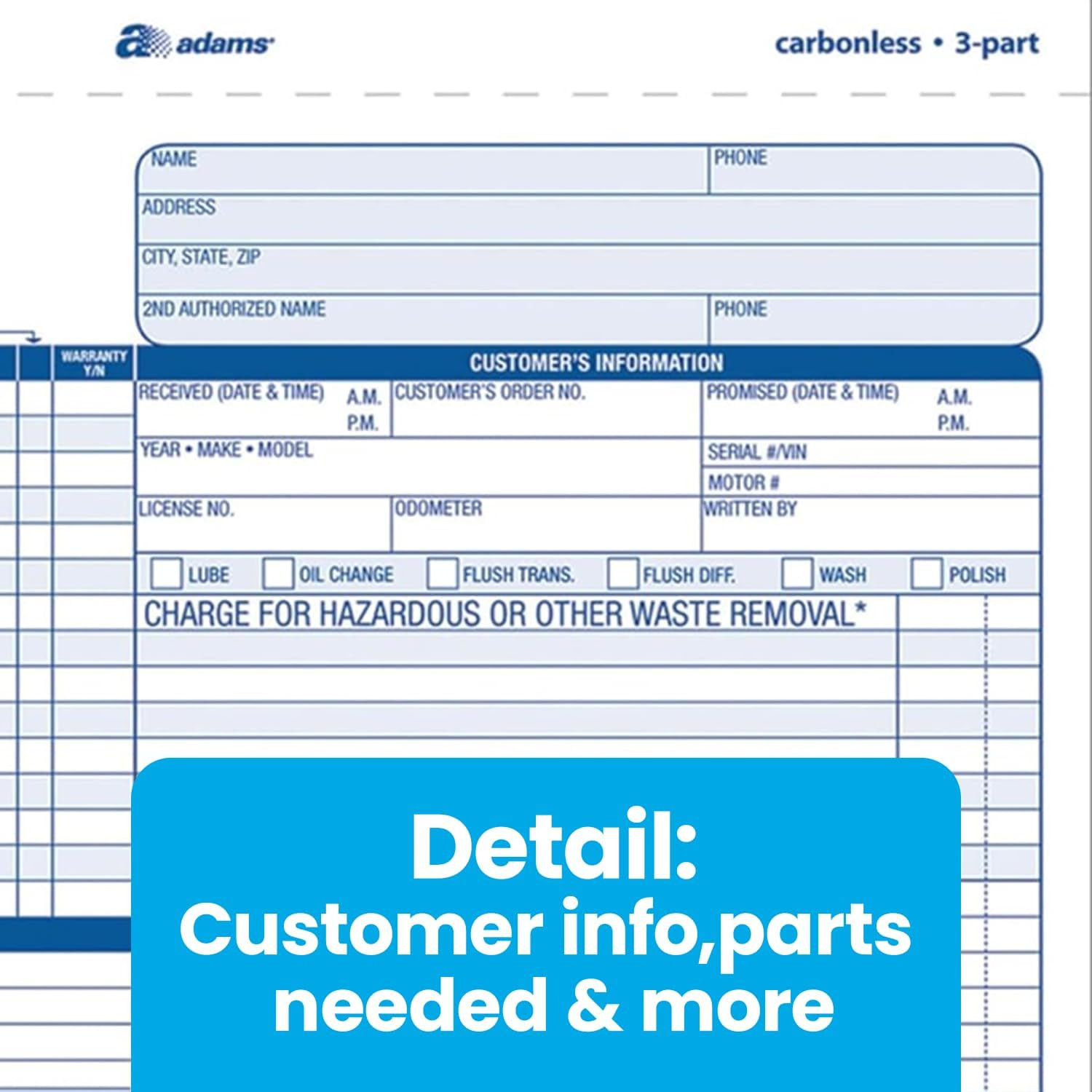 Adams Auto Repair Order Forms, 8.5 X 7.44 Inch, 3-Part, Carbonless, 50-Pack, Whi