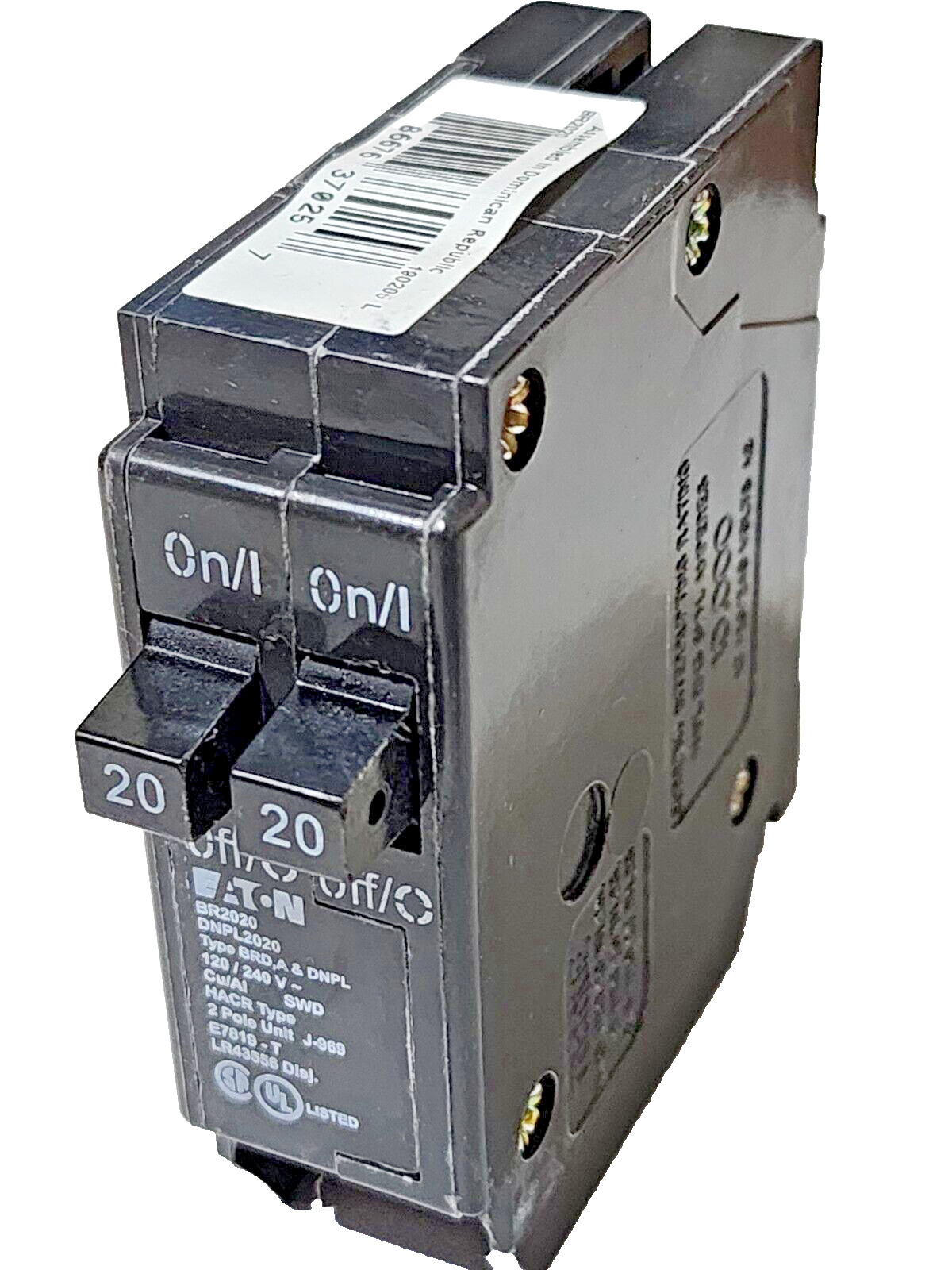 EATON BR2020, 2 Pole 20/20 Amp, 120/240Vac Plug-In, Type BRD & A Circuit Breaker