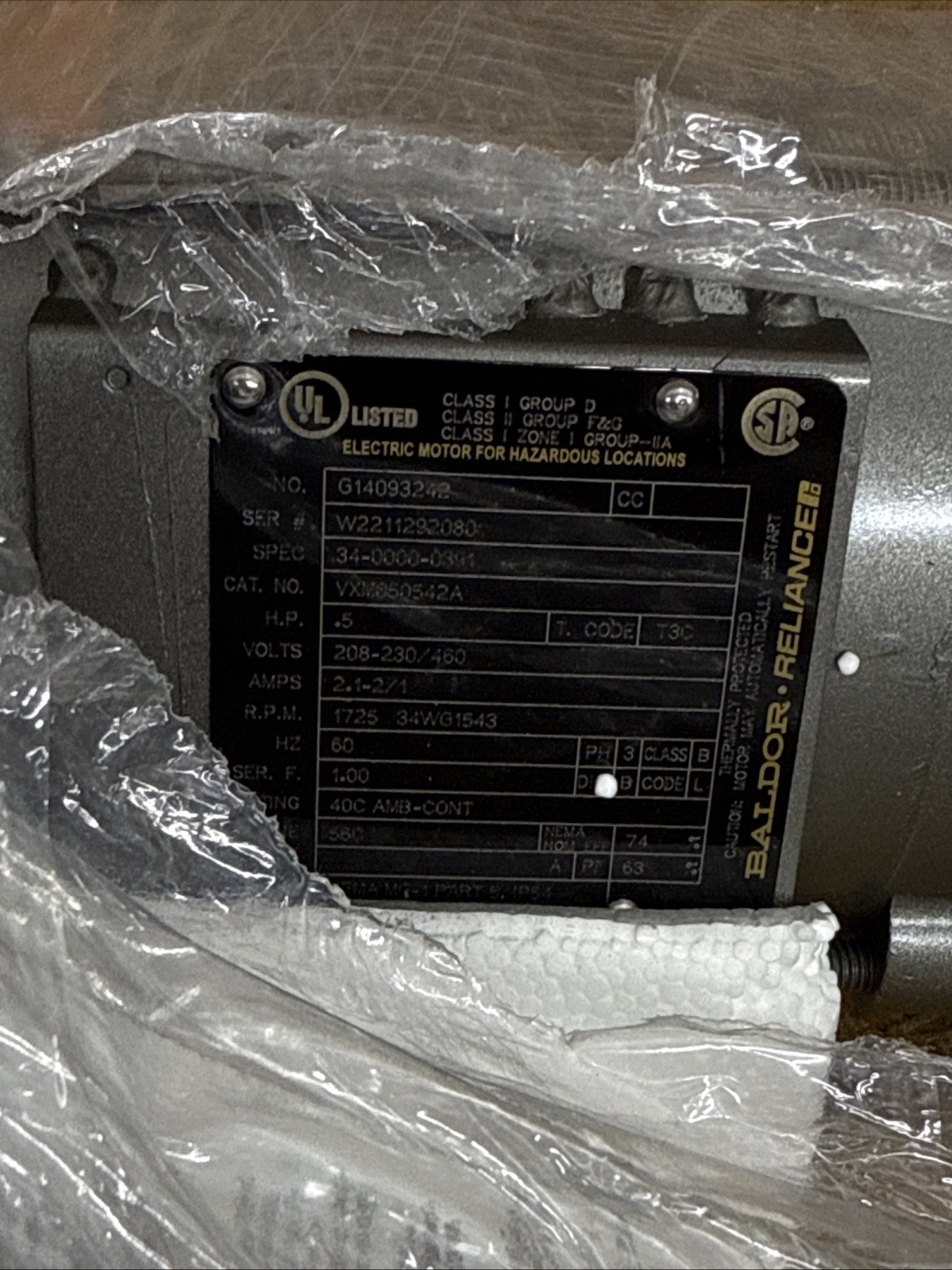 Baldor ABB .5 HP MOTOR, VMX050542A, 208-230/460V, 1725 RPM, 56C, 3 PH