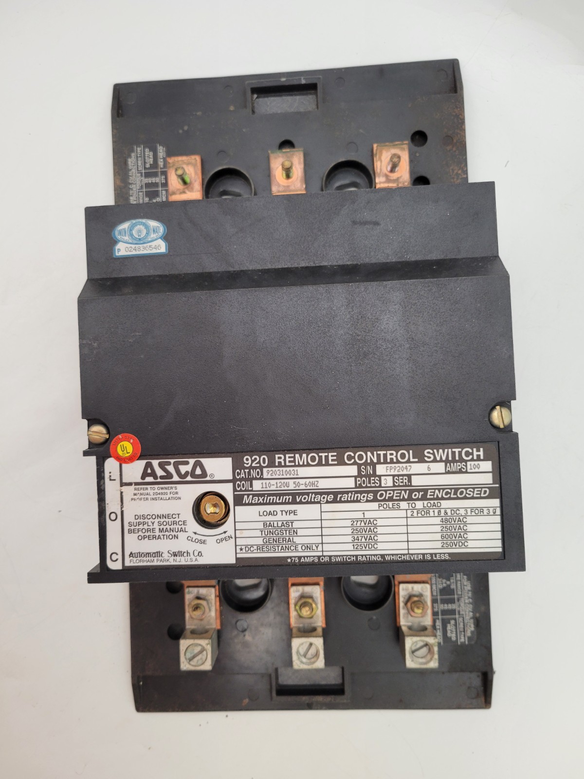ASCO 920310031 Remote Control Switch 100A 3P 3PH Coil 110/120V 50/60Hz 920 Ser