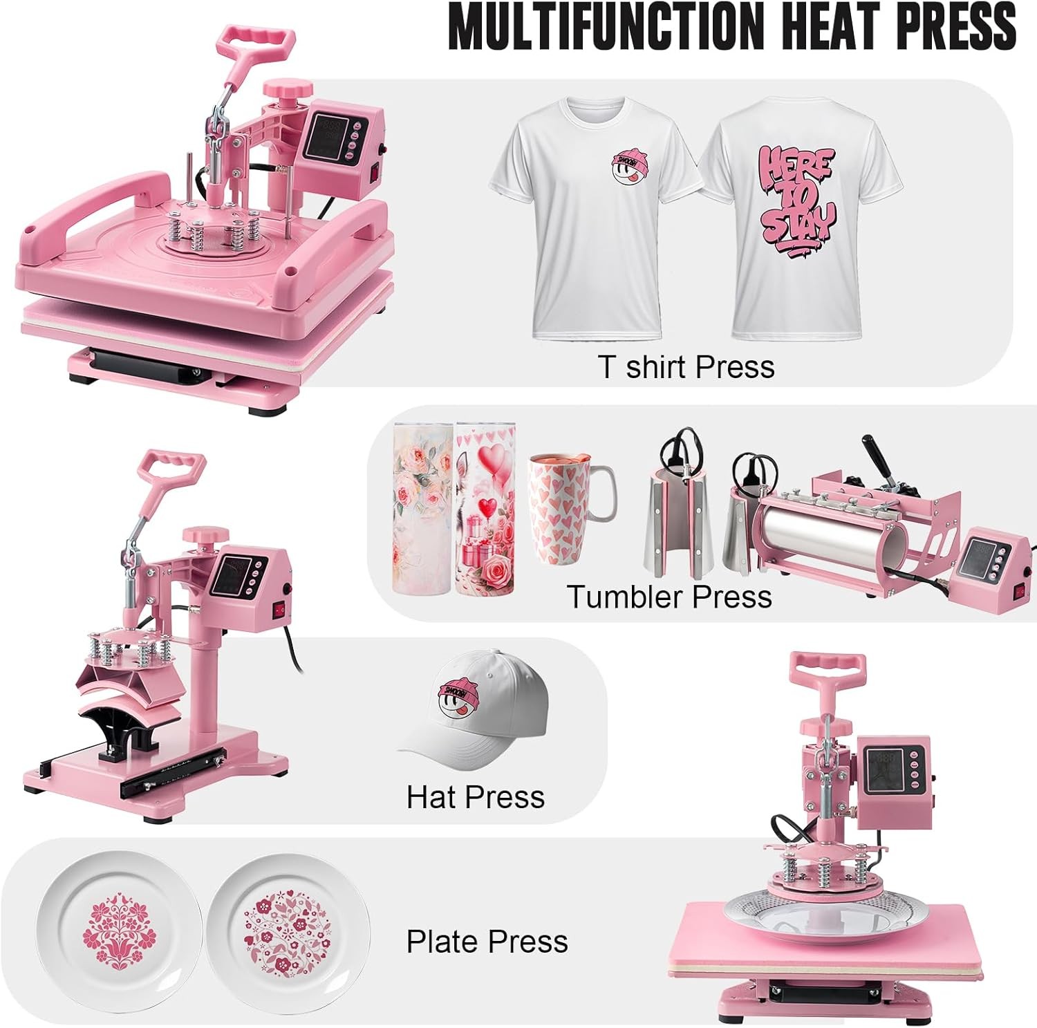 8IN1 Combo Heat Press Machine 15″x15″ Sublimation Transfer T-Shirt Mug Plate Hat
