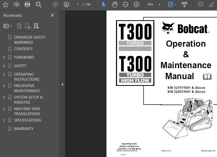 BOBCAT T300 COMPACT TRACK LOADER OPERATORS SERVICE REPAIR SHOP MANUAL PDF USB