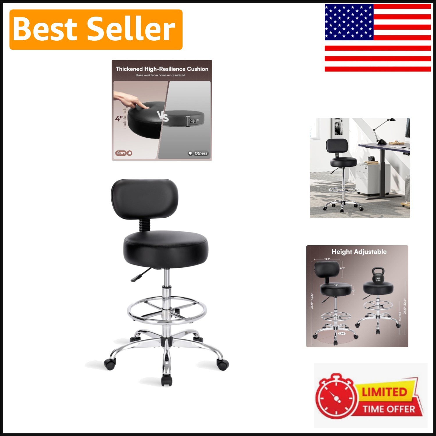 Drafting Chair with High-Density Cushion & Heavy-Duty Support – 300 lbs Capacity