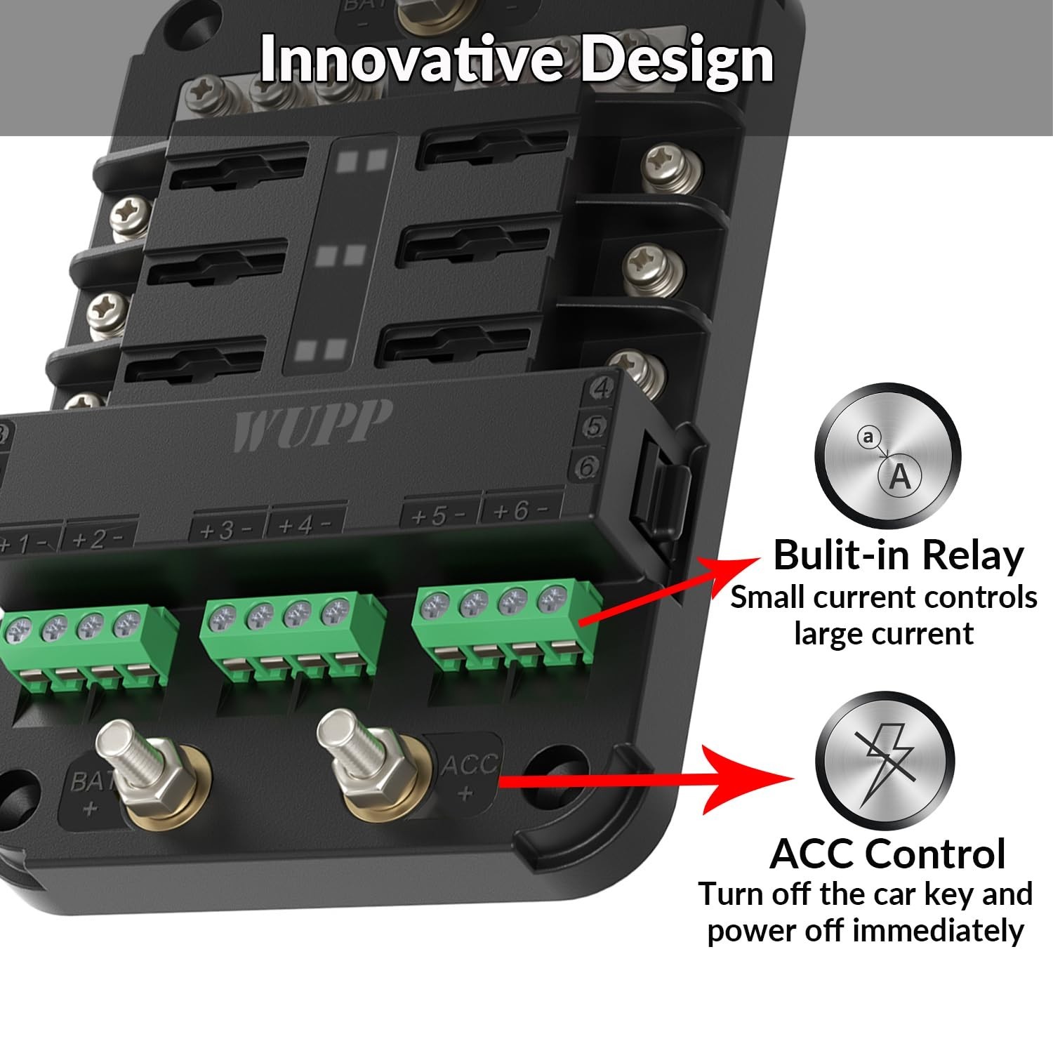 12V Fuse Block with Relay Kit, Automotive 6 Circuits Fuse Box With ACC Interface