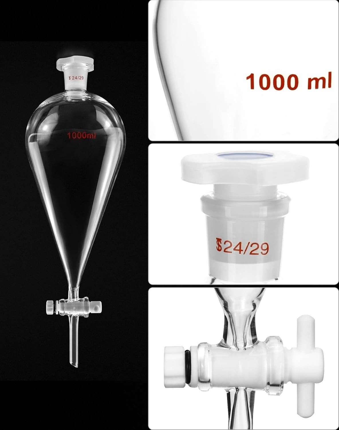 1000ml Heavy Wall Conical Separating Funnel with 24/29 Fitting and PTFE Stopcock