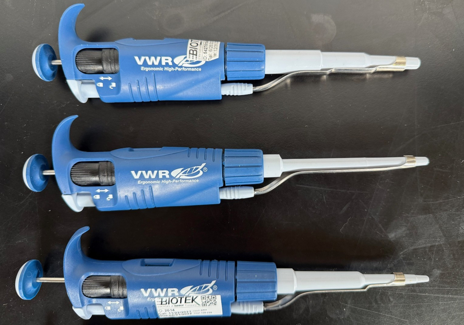 VWR Set of 6 Pipettes w/Stand 0.1-2, 0.5-10, 2-20, 10-100, 20-200, 100-1000 uL