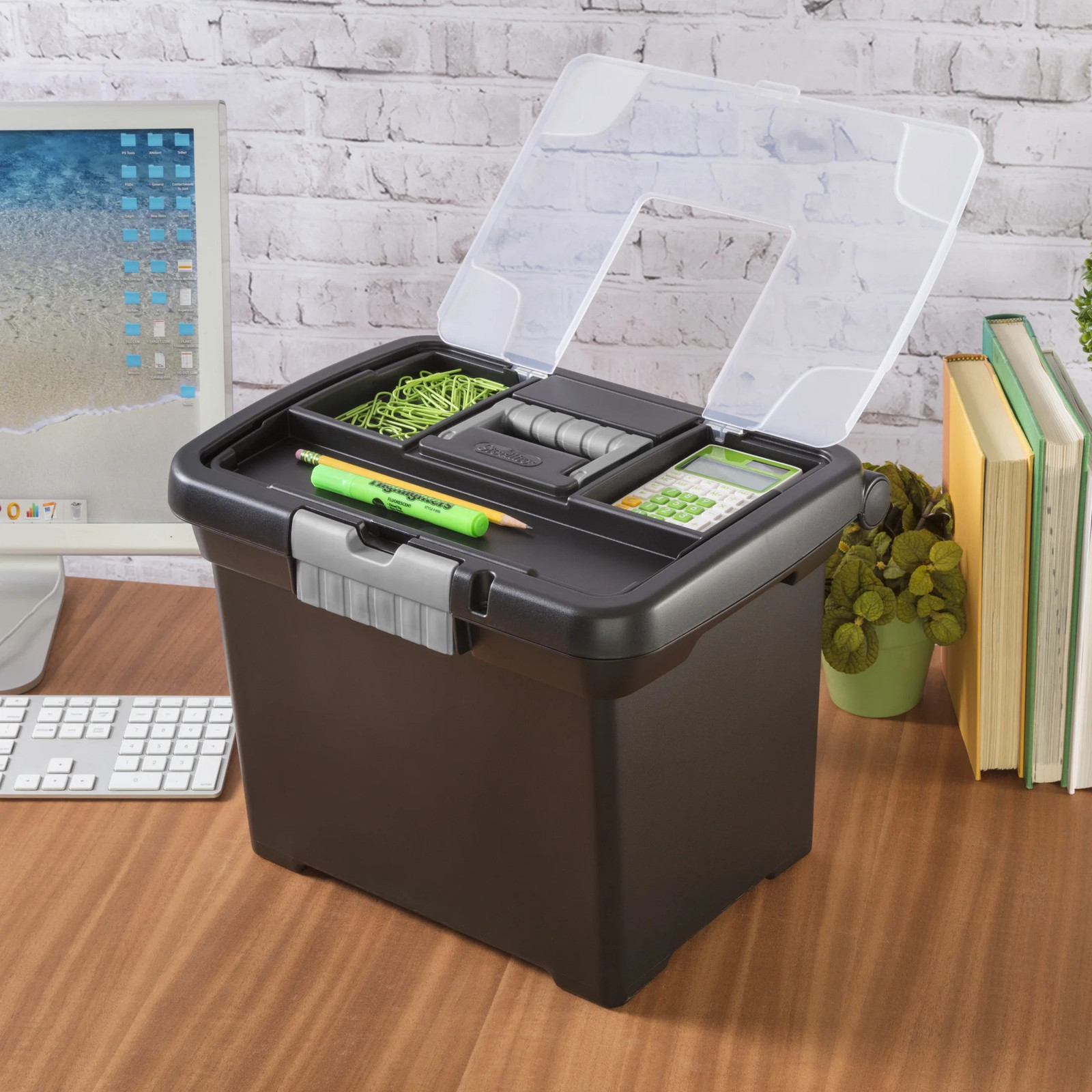 Portable File Box, Letter-Size Plastic File Storage Box with Handle and Divided