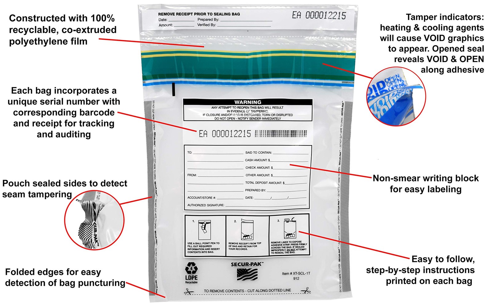Secur-Pak Deposit Bags with Pocket – Pack of 100 – Premium, 9″ x 12″, clear