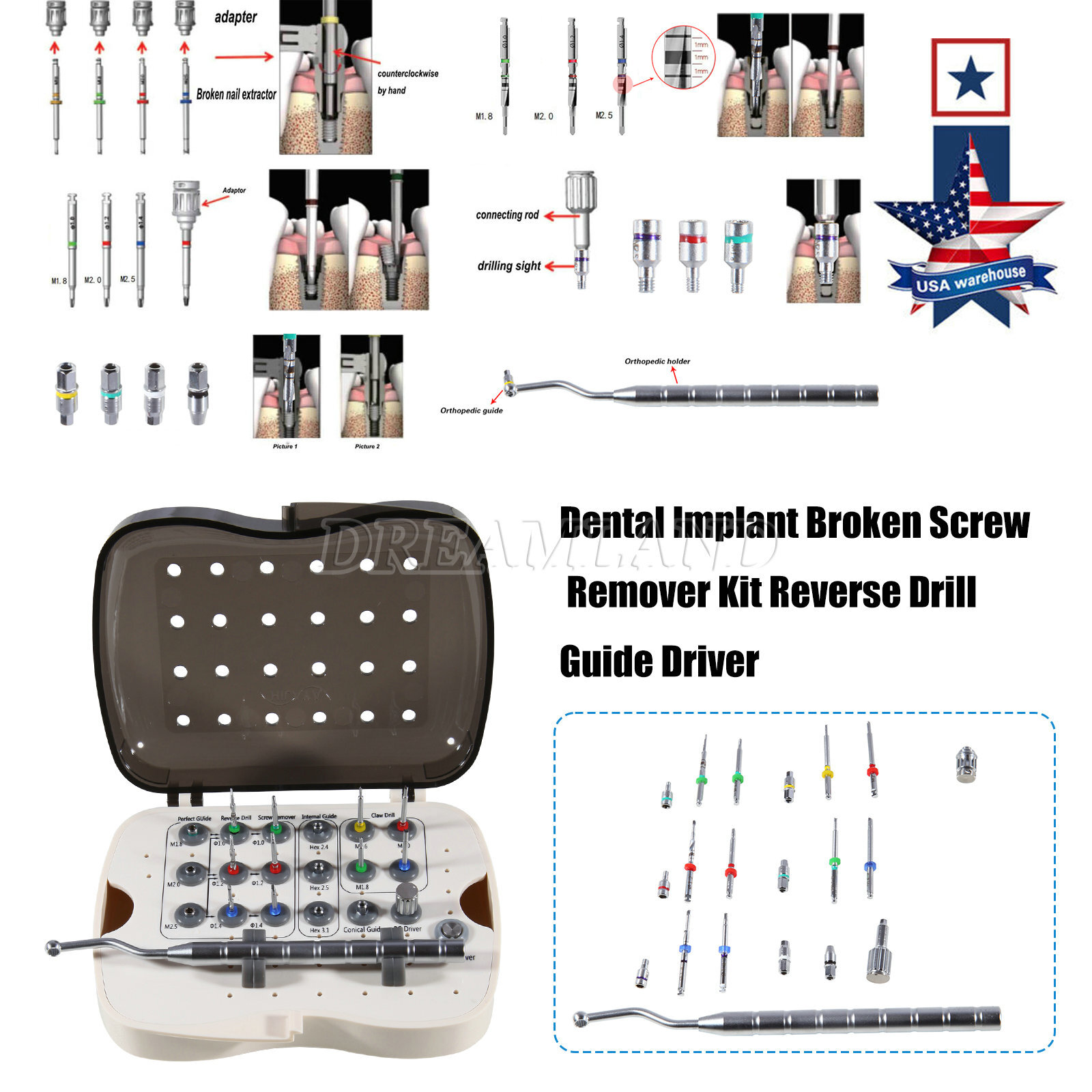 Dental Implant Broken Fractured Screw Removal Kit Drill Guide Remover USA