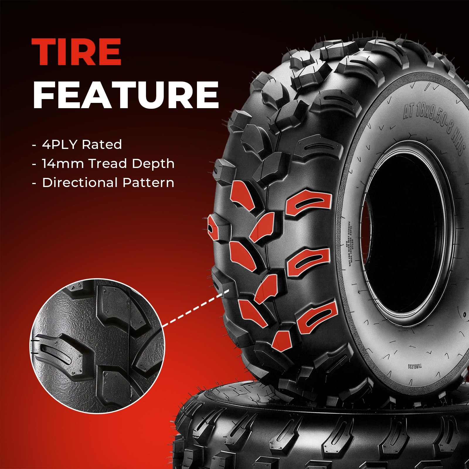 ATV UTV All Terrain Mud Tire 18×9.50×8 4 Ply Directional Tread Tubeless Set of 2