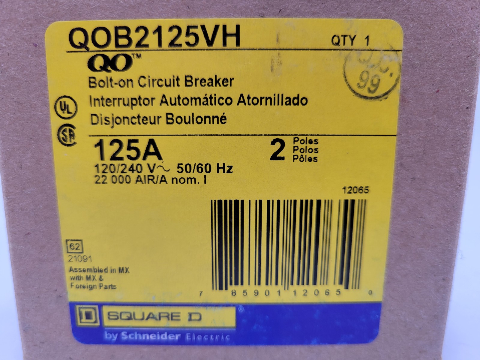 Square D QOB2125VH Bolt-On Circuit Breaker 125A 120/240V 2P 1PH QOB 22kA