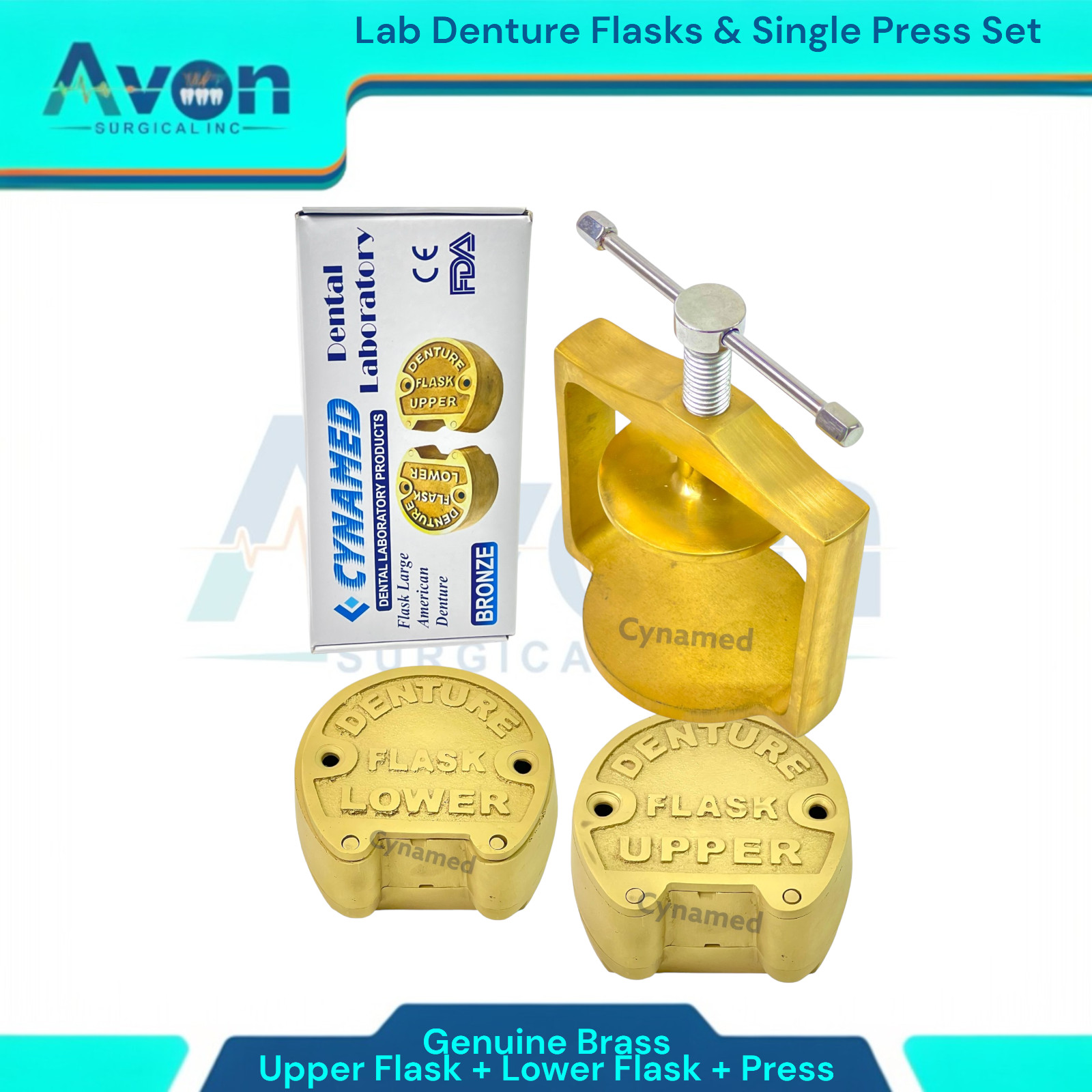 Set of 3 | Denture Compression Flask Press + Upper & Lower Flasks -Genuine Brass
