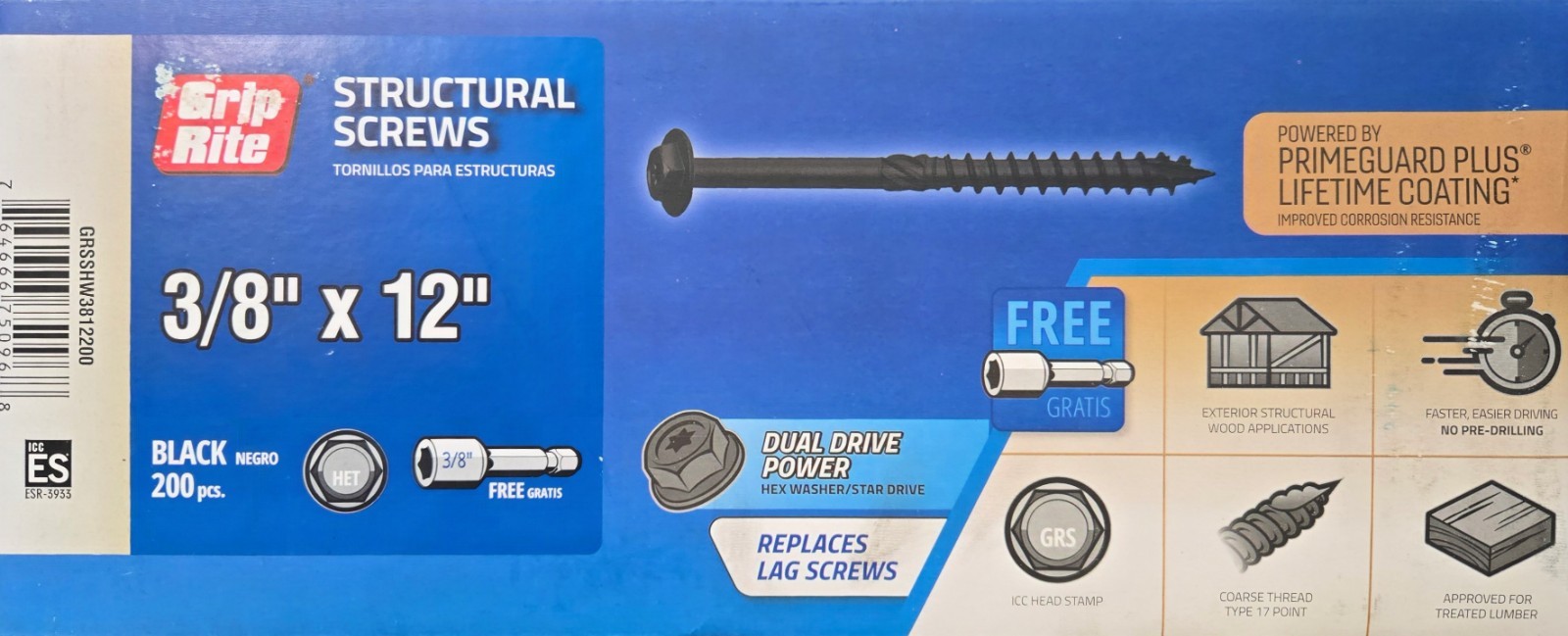 Grip-Rite Grip Rite Structural Screws Black – 3/8″ x 12″ – 200 COUNT