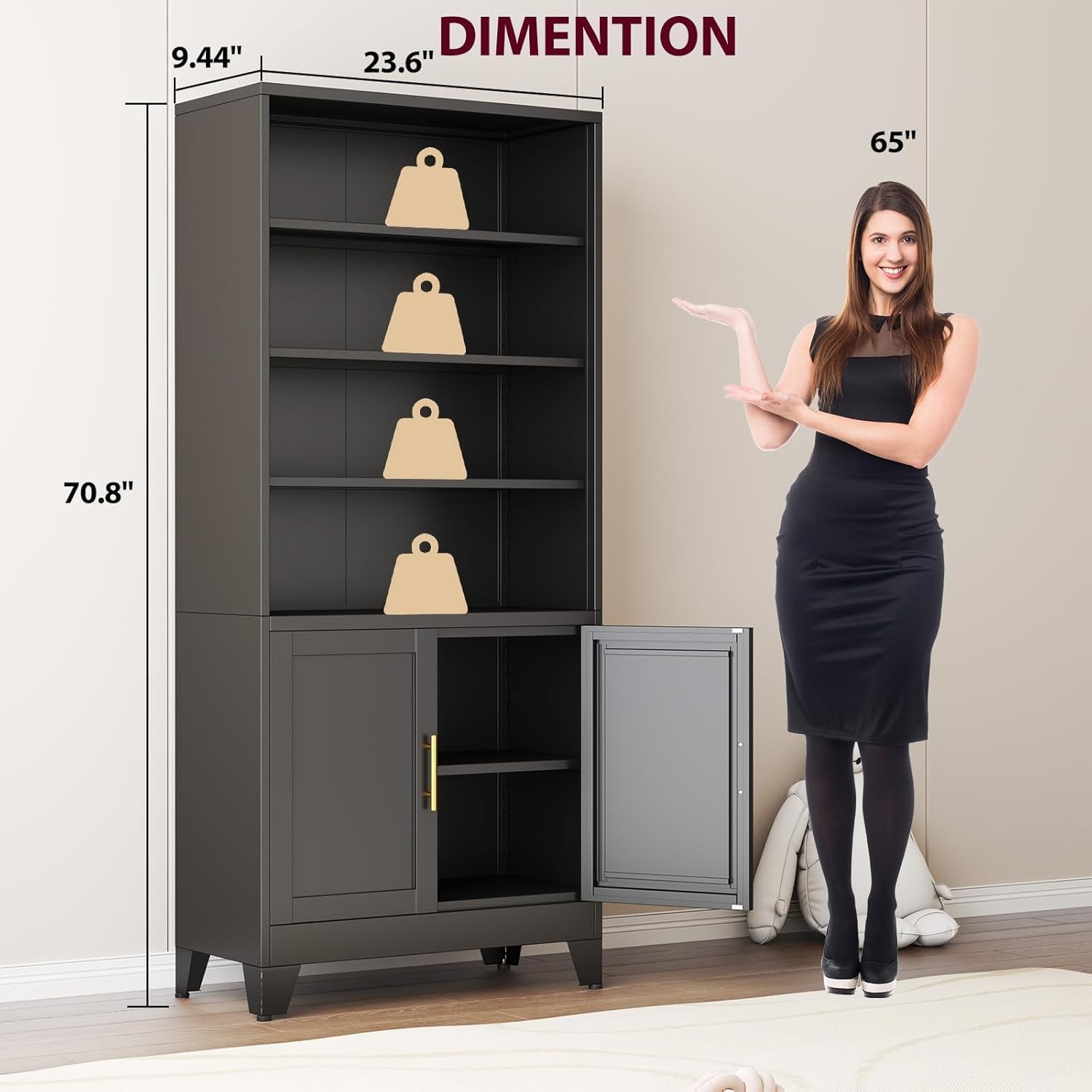 Metal Bookcase Doors 6-Shelf 71in Display Storage Home Office Living Room Black