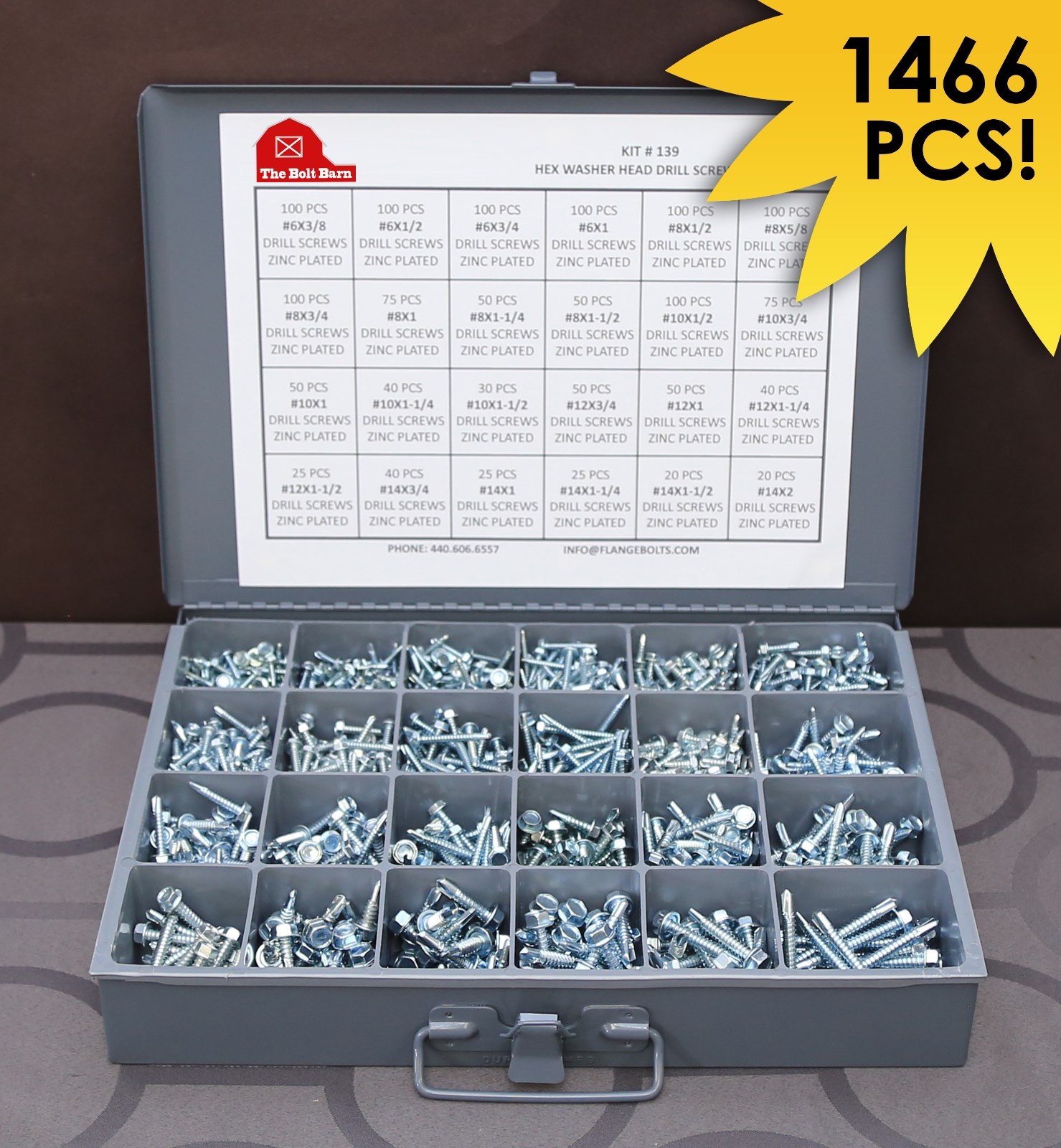 1466 Piece Hex Washer Head Tek / Self Drilling Screw Zinc Assortment – Kit# 139