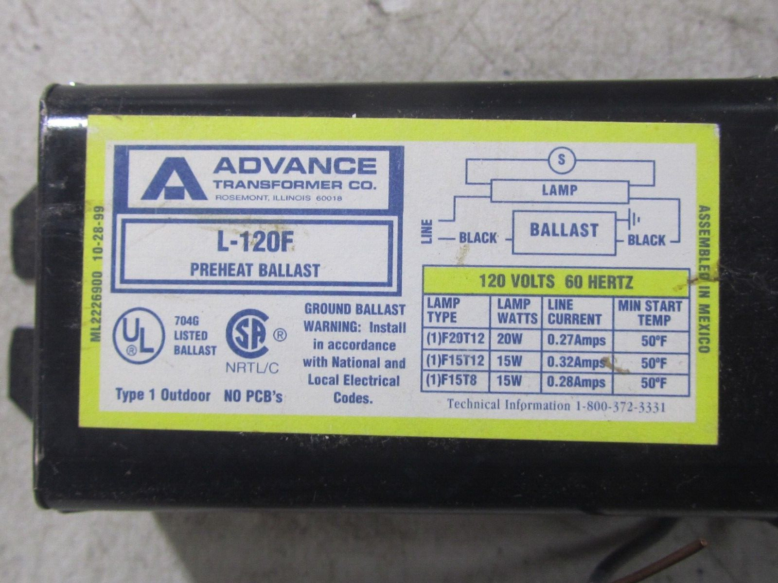 NEW Advance Transformer Ballast L120F 120 Volts 60 Hertz Preheat Lamp Ballast
