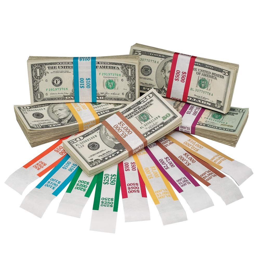 Assorted Money Bands – 1000 Self-Sealing Bill Straps, Color-Coded Denominations