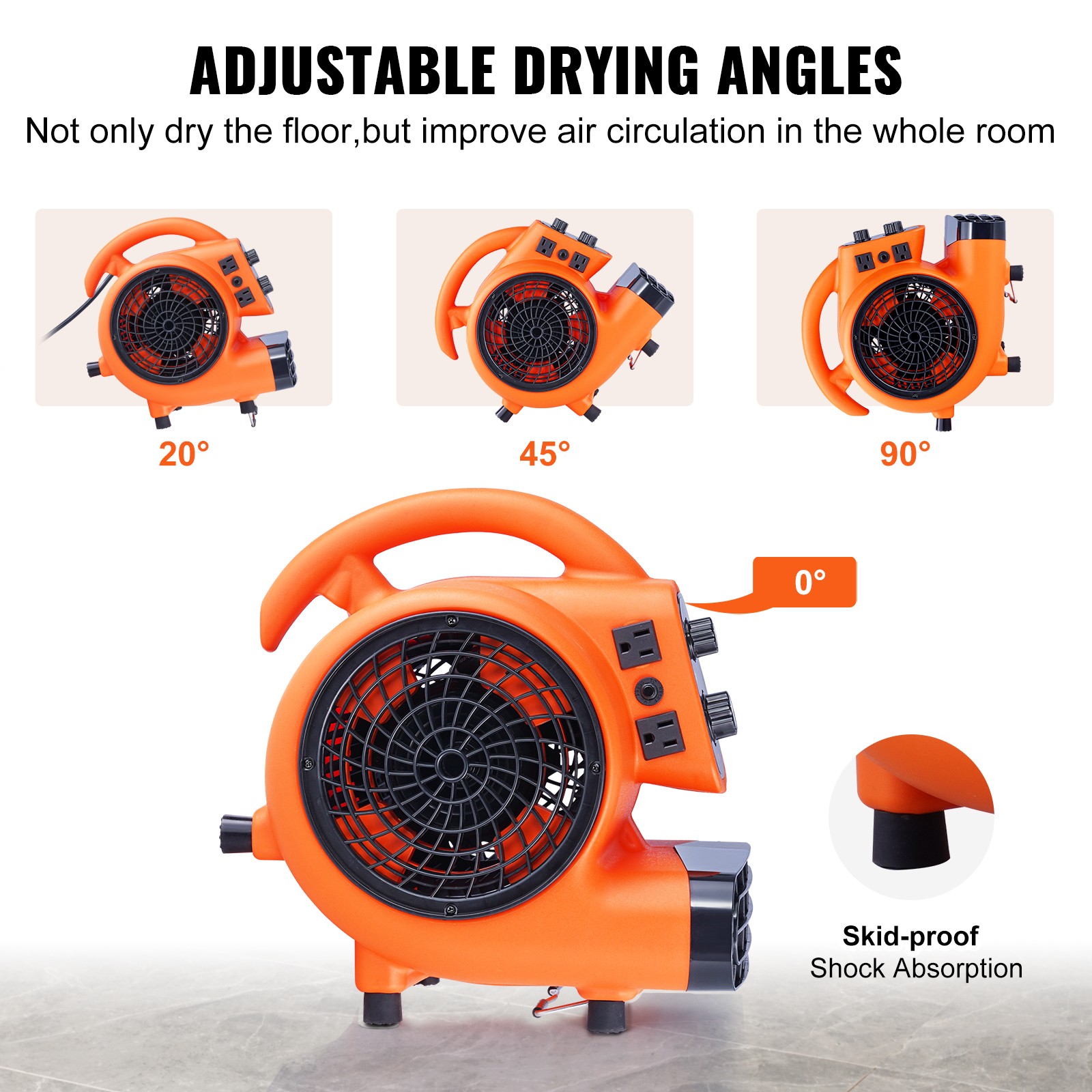 VEVOR 1000 CFM 3-Speed 1/4 HP Adjustable Air Mover Carpet Dryer Blower Floor Fan