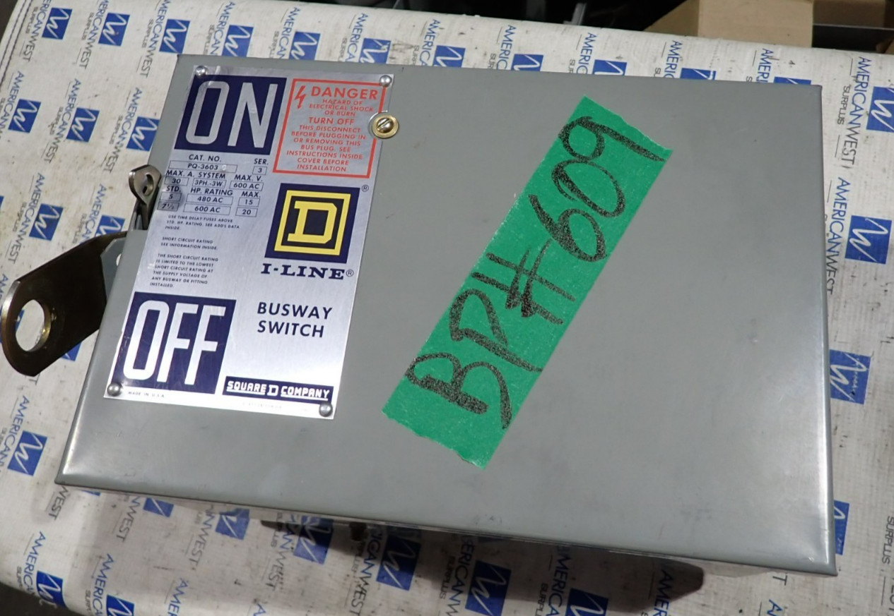 Square D PQ3603G 30 amp 600v 3p 3w Fused Busway Switch Bus Plug Ser 3 BP609