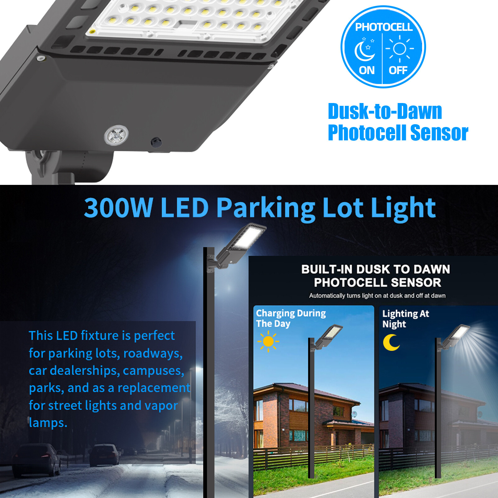 300W LED Parking Lot Light Outdoor Street Shoebox Pole Light Fixture 42000LM DLC