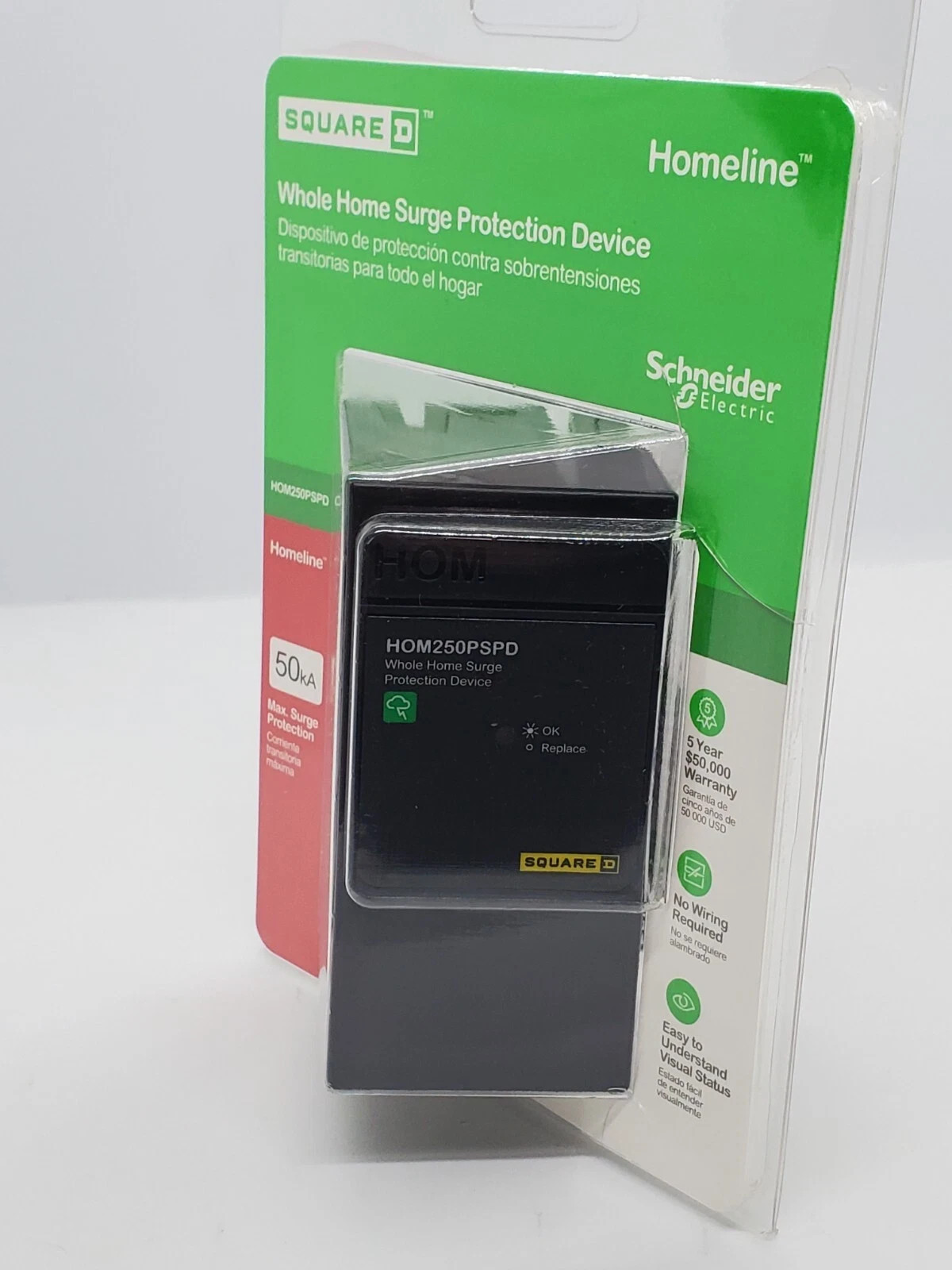 SQD – HOM250PSPD 50kA Rated Whole Home Surge Protector. No Wiring Required