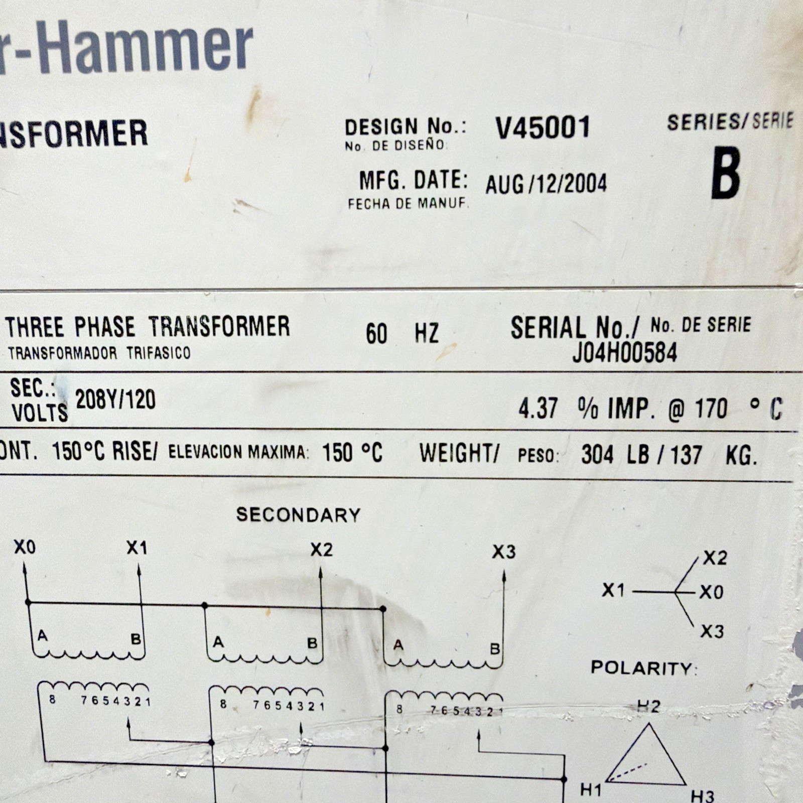 Eaton 45kVA 480V Transformer 3PH 60HZ 208Y/120V V48M28T45K 🟦