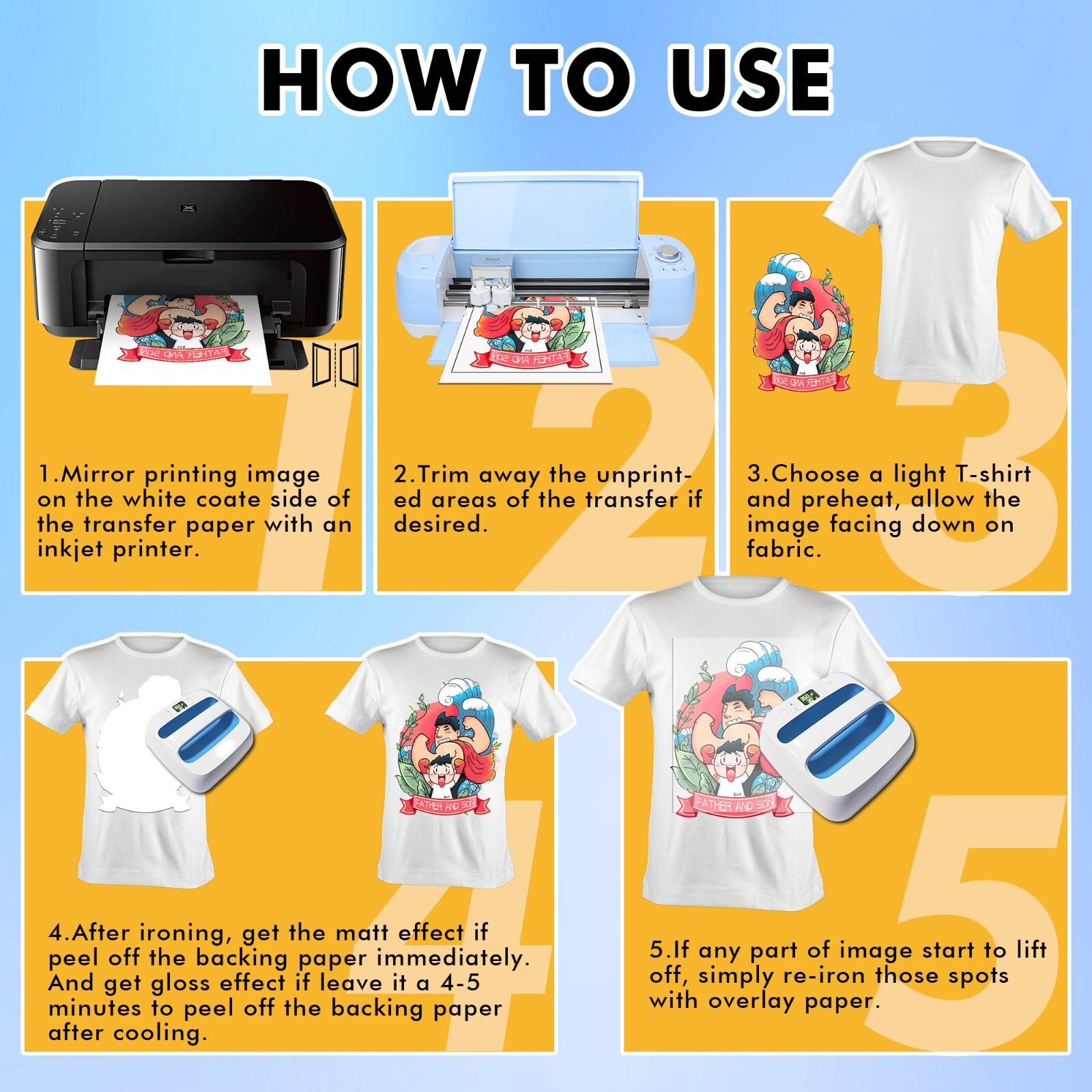 30 Sheets Printable Light T-shirt Iron-on Heat Transfer Paper Inkjet & Laser 8.5