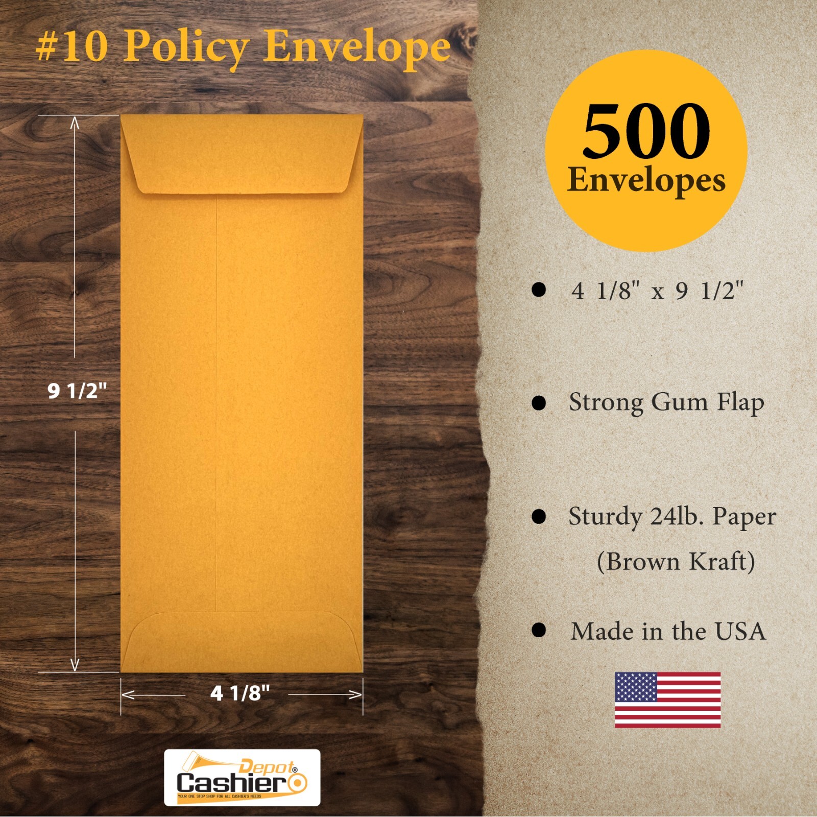 #10 Policy Envelopes, 4-1/8 X 9-1/2, Premium 24lb. Kraft, Gum Flap, 500/Box