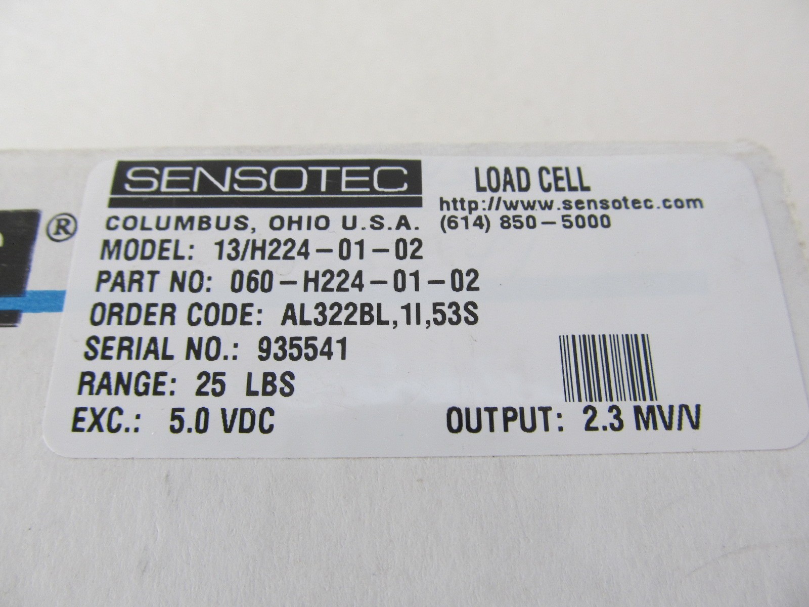 NEW Honeywell Sensotec Load Cell  060-H224-01-02 25LBS 5VDC Output 2.3MV/V