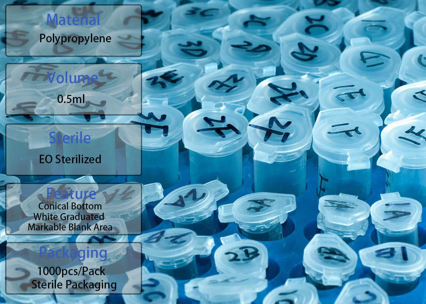 0.5ml Microcentrifuge Tubes 1000pcs, EO Sterilized Plastic Small Vials with Caps