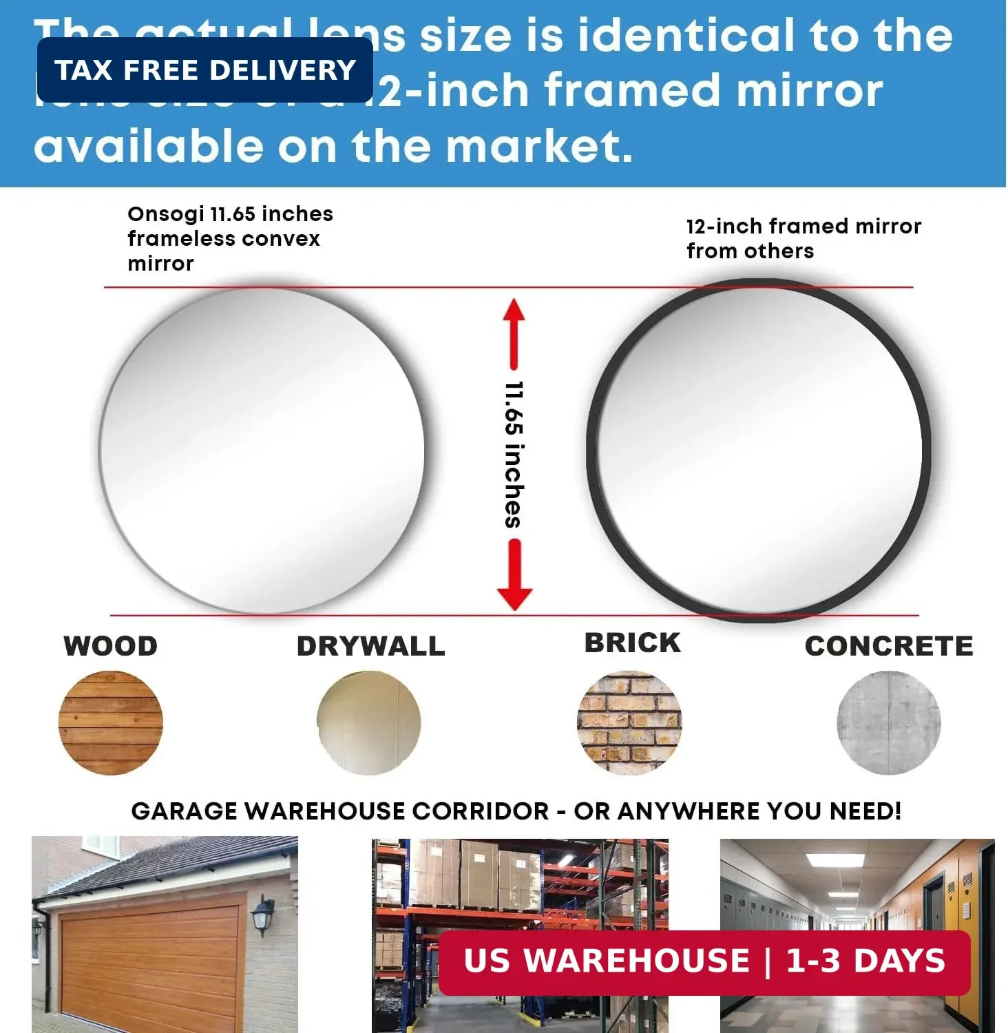 2 PC 11.65 Inch Wide Angle Convex Security Mirror for Garage Parking Warehouse