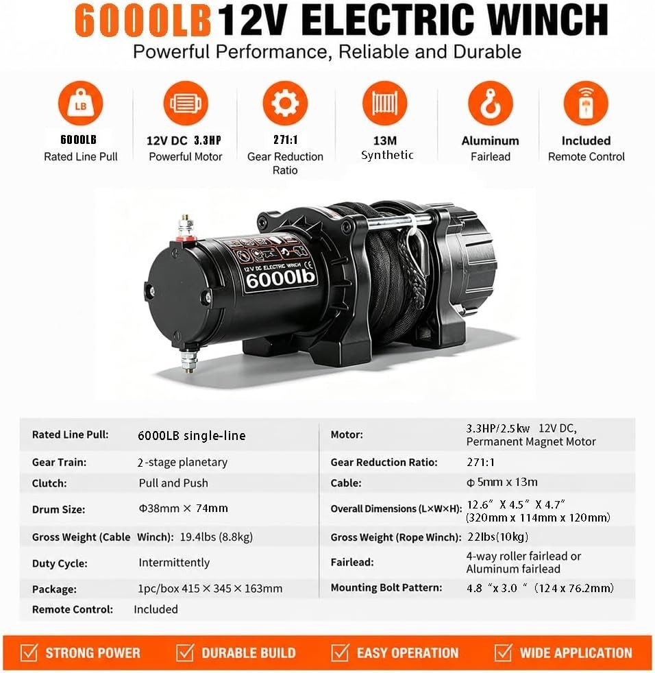 6000LBS 12V Electric Winch Synthetic Rope Remote for ATV UTV Boat Trailer Jeep
