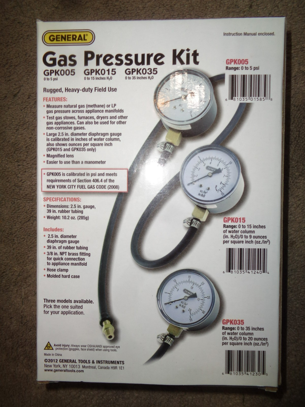 GENERAL GAS PRESSURE KIT GPK035 MEASURE NATURAL GAS OR LP – HEAVY DUTY – NEW