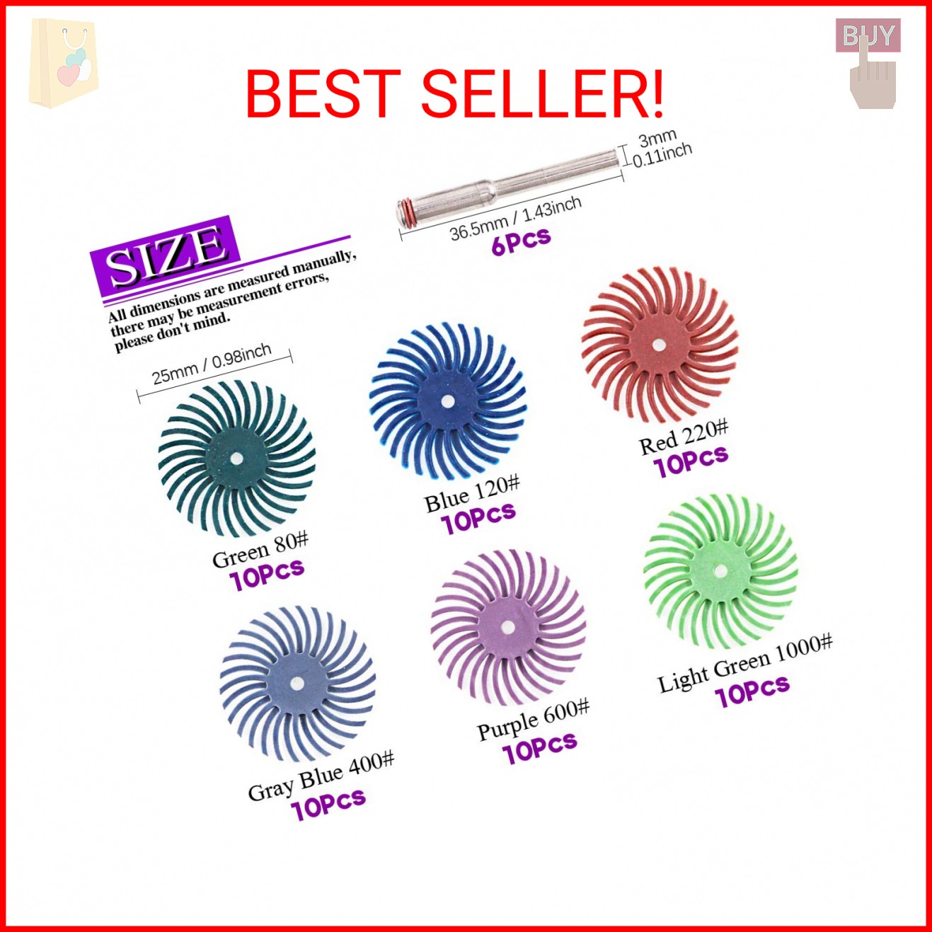 Swpeet 66Pcs 1 Inch 6 Mixed Grit 80/120/220/400/600/1000 Radial Bristle Disc Abr