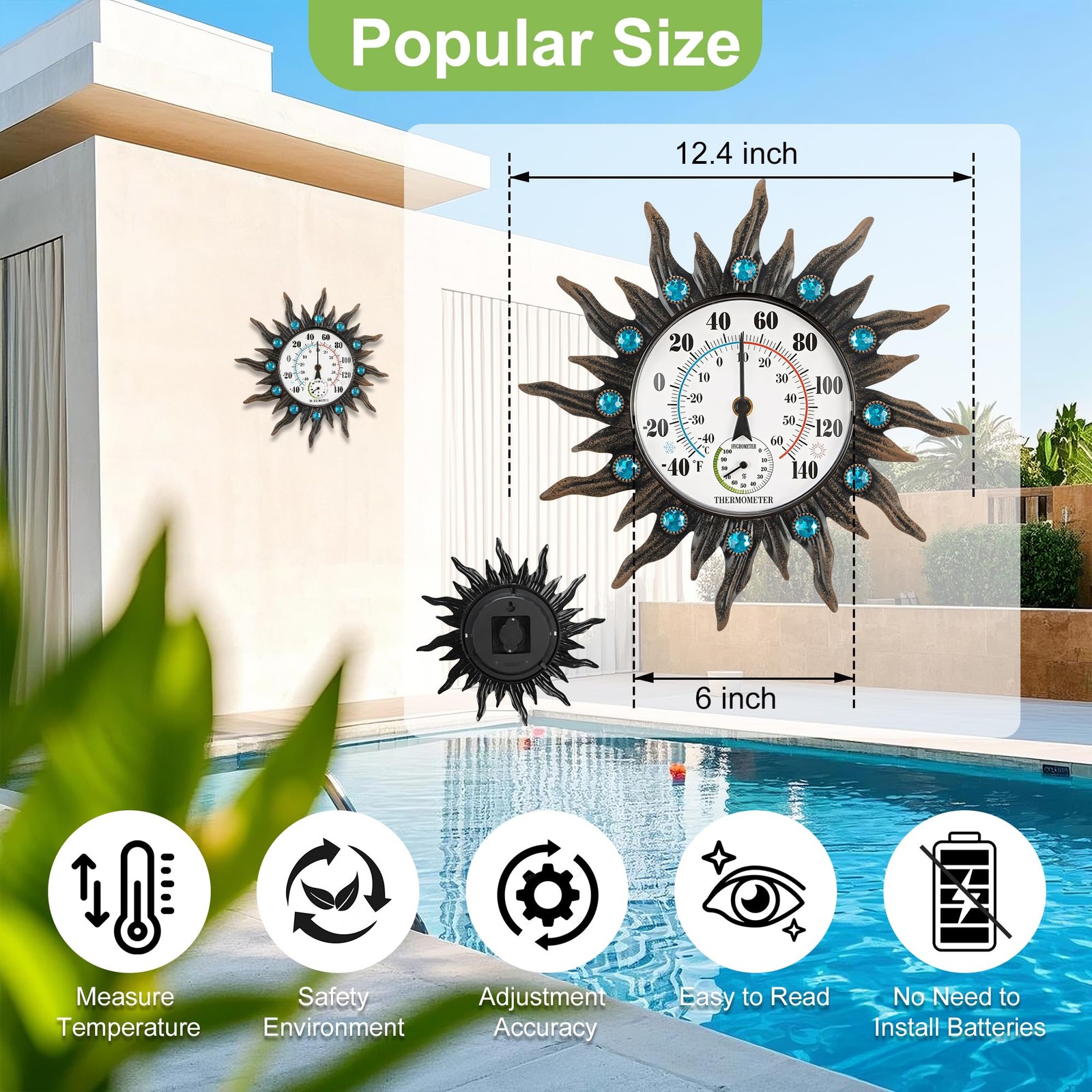 Retro Sun Wall Mounted Thermometer W/Hygrometer Waterproof Decorative Patio Yard