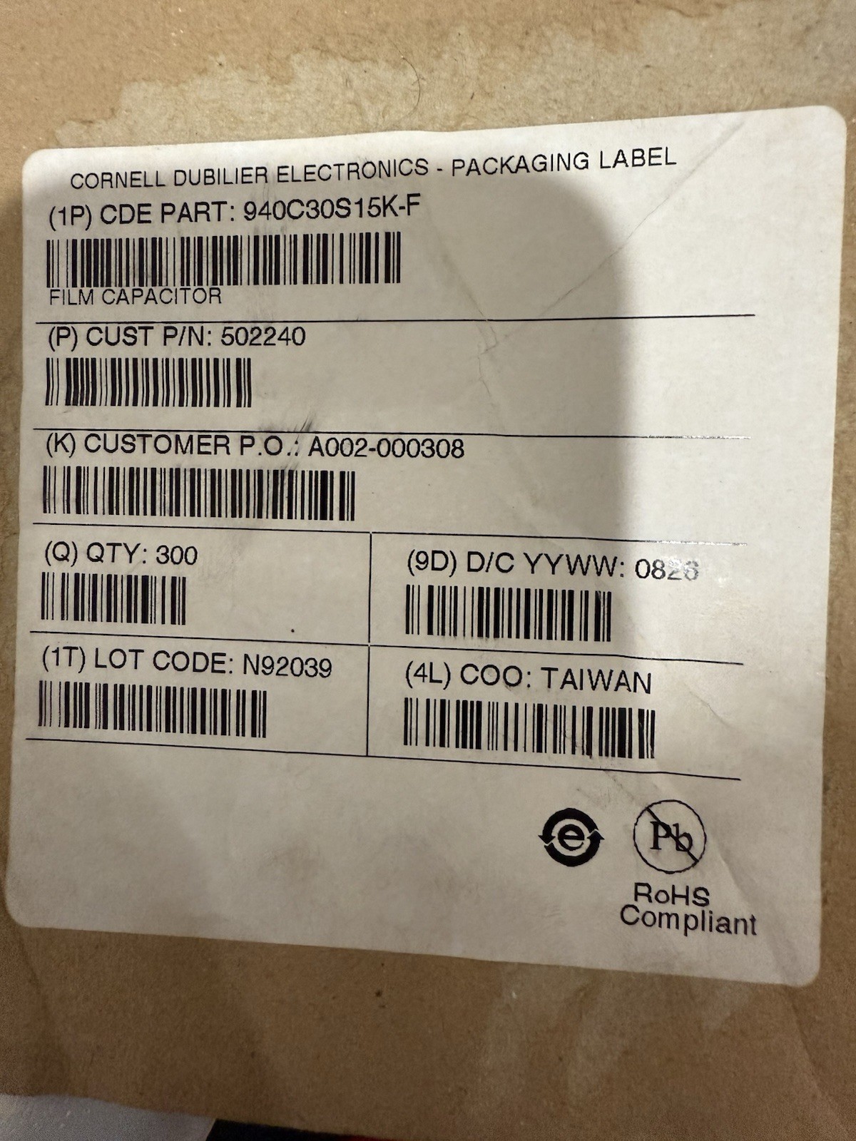 Cornell Dubilier Power Film Capacitor 940C30S15K-F NEW QTY 300 PCS