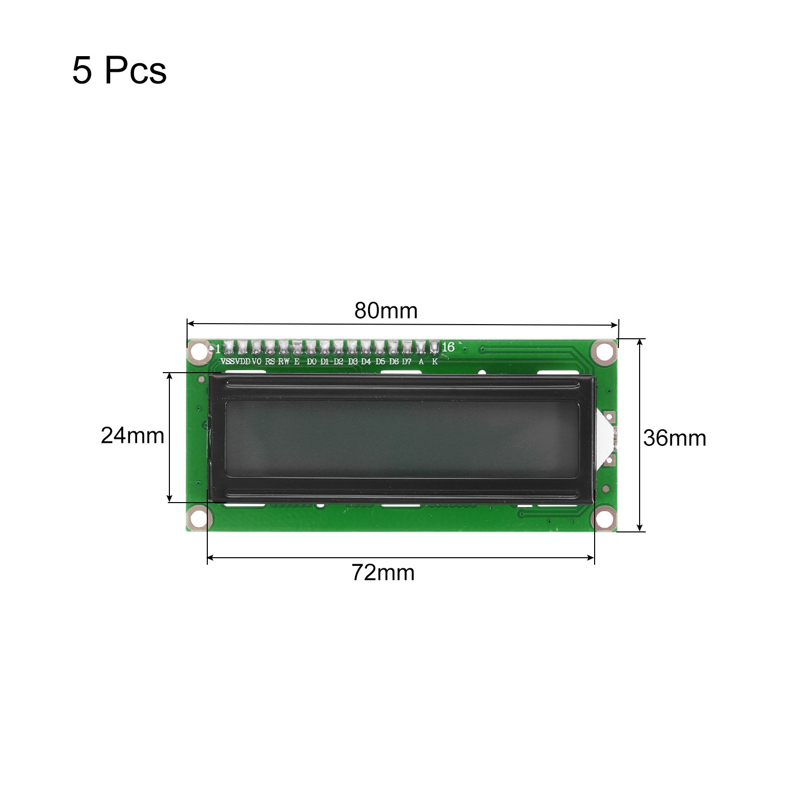 5Pcs LCD 1602 Display Module 5V with 16 Pins Grey Display Screen 16×2 72x24mm