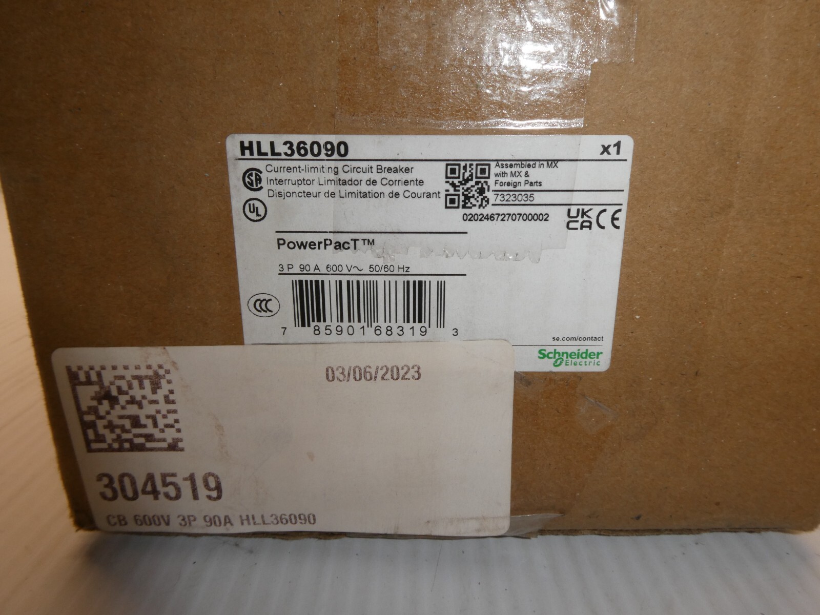 Schneider HLL36090 PowerPacT H 90A, 3 pole, 600VAC, 50kA, lugs, thermal magnetic