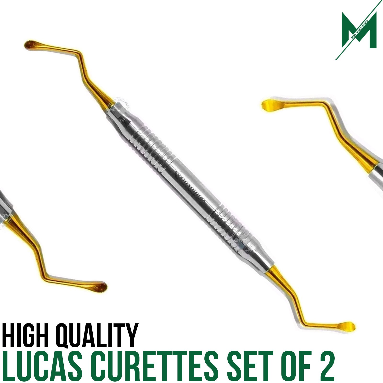 Dental Lucas Curettes Set of 2 Surgical Bone Curettes Serrated Gold Coated Tips