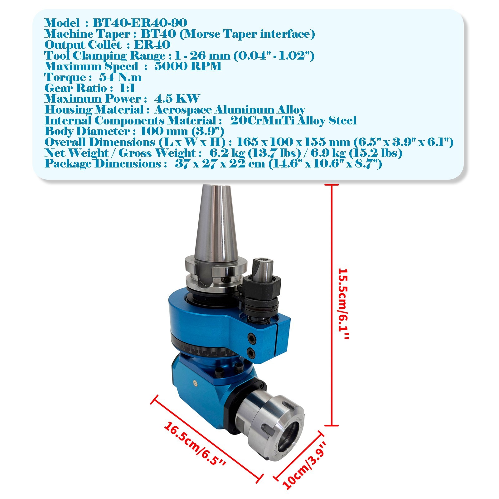 BT40-ER40 90° Side Milling Head CNC Single Output Angle Head Side Milling Head