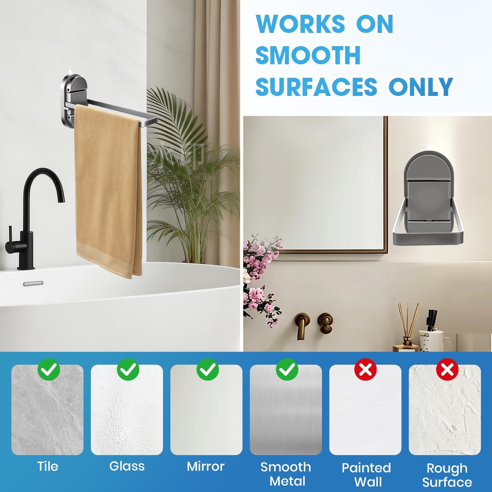 Suction Cup Towel Bar No Drill – Heavy Duty 21LB Double Suction Cup Foldable …
