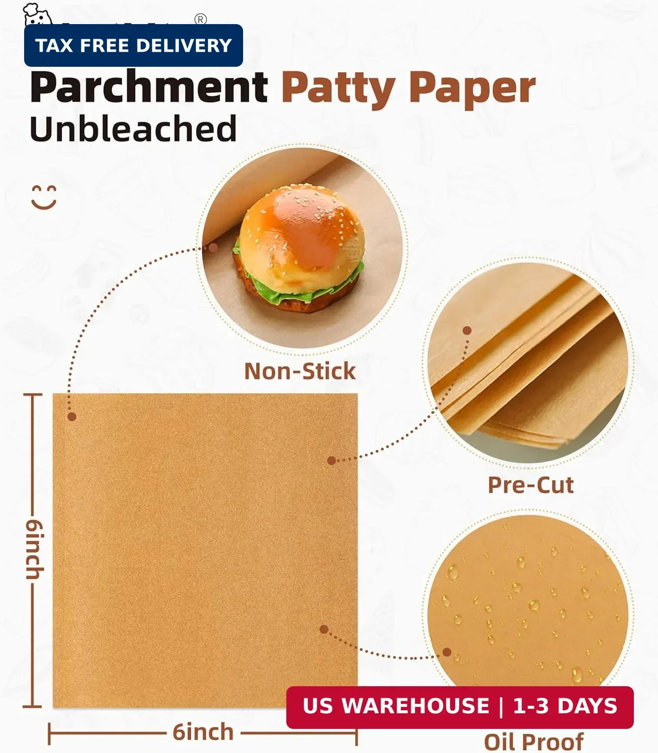 Katbite 300Pcs 6×6 Inches Patty Paper, Burger Patty Paper, Unbleached Parchment