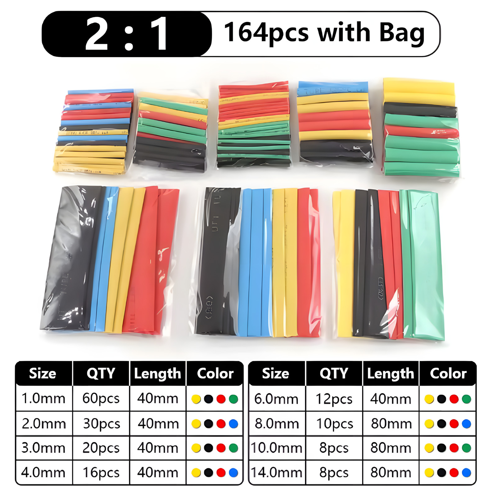 164 Pcs Heat Shrink Tubing Kit 2:1 Multicolor Wire Cable Sleeve 1–14mm