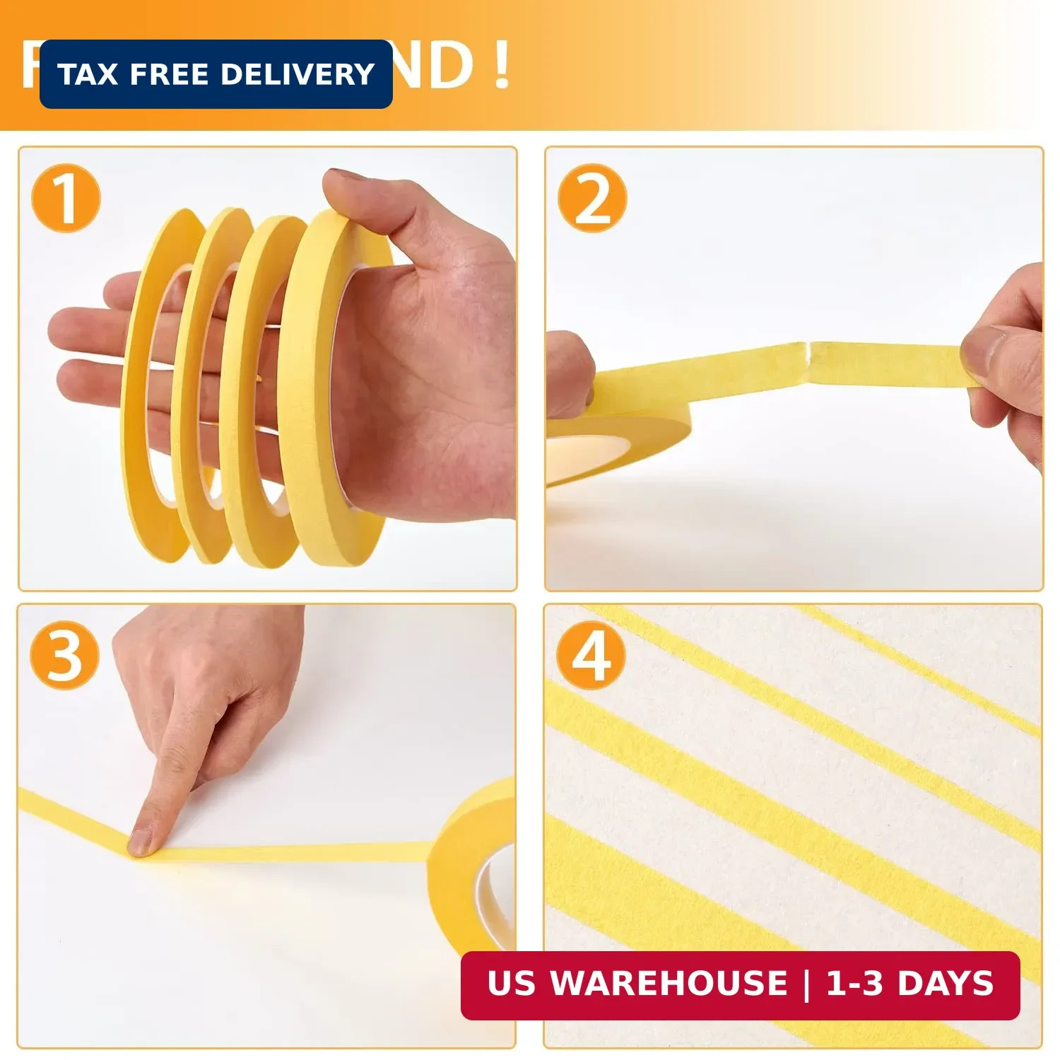 4 Rolls Fine Line Tape(Yellow), Fineline Masking Tape in 1/16, 1/8, 1/4 and 1/2