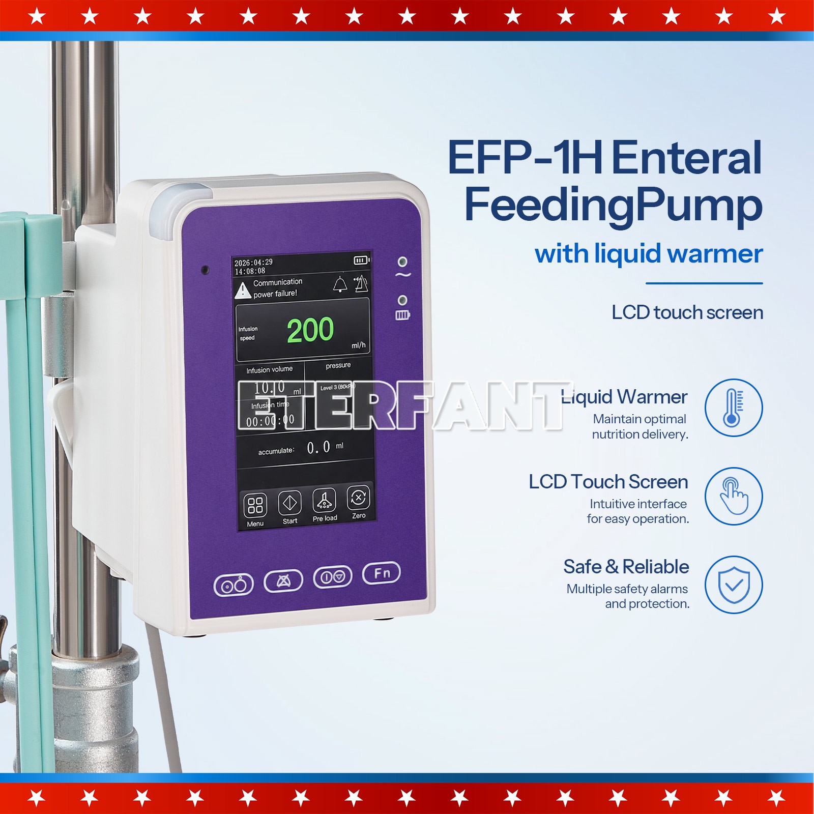 Portable 6-mode LCD Touch Screen Enteral Feeding Pump with Adjustable Pole Clamp
