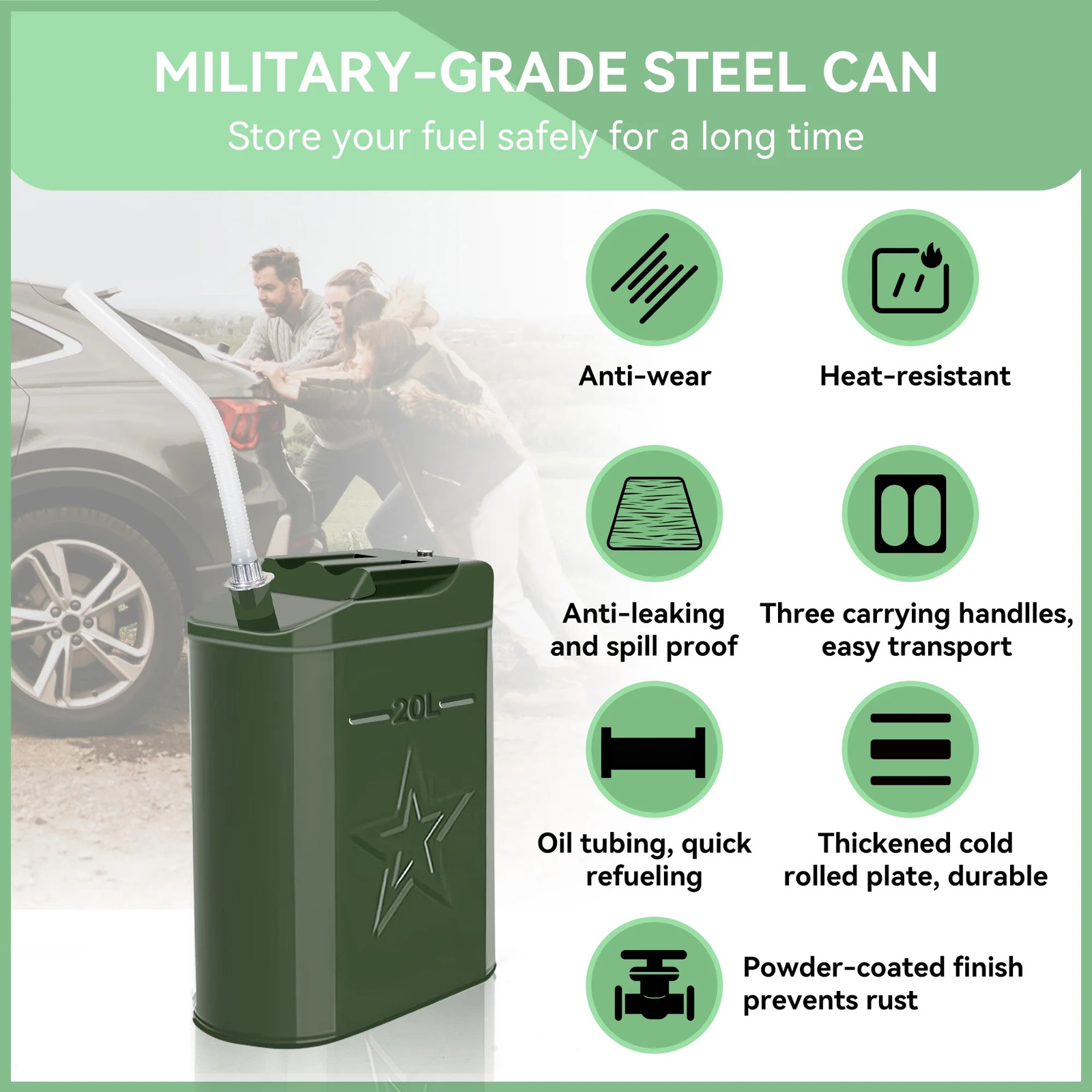 5 Gallon 20L Gasoline Army Green Jerry Can Military Metal Steel Tank Backup USA