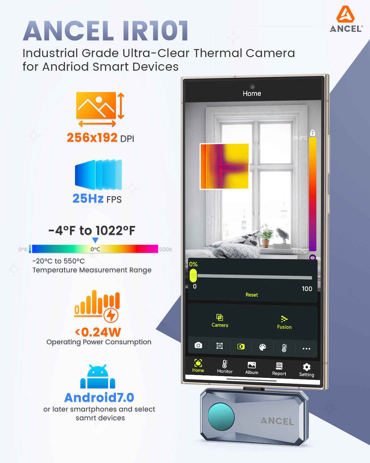 ANCEL Thermal Imaging Camera for IOS 256×192 IR Resolution 25Hz Refresh Rate