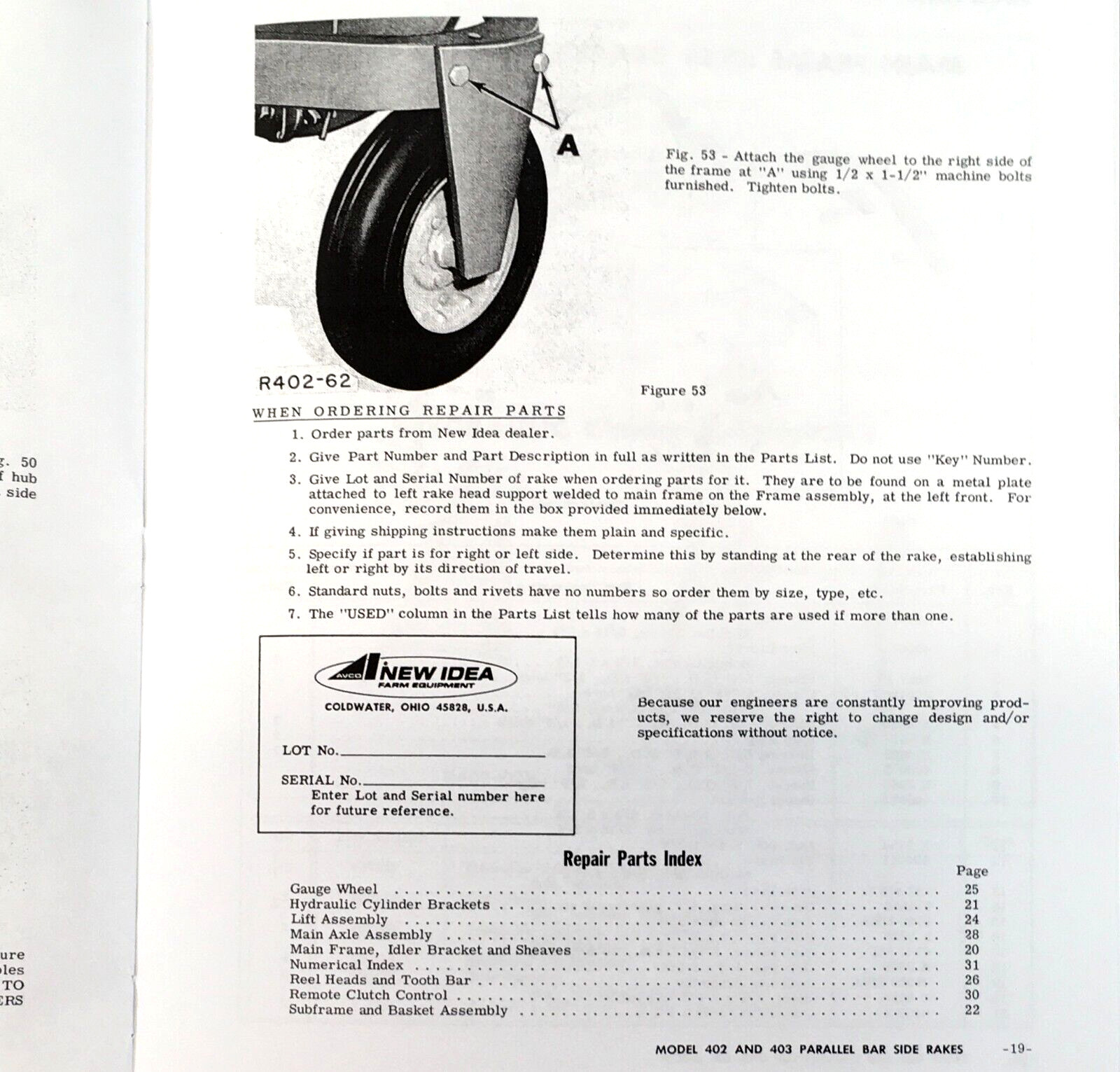 New Idea 402 5 Bar 403 4 Bar Parallel Side Rake Operators Manual Parts Catalog