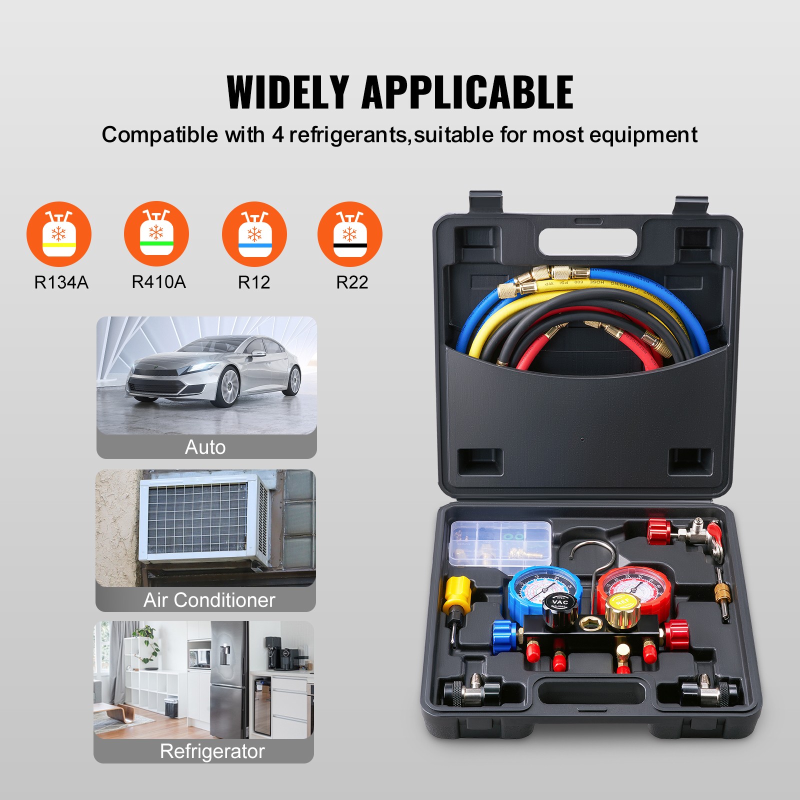 VEVOR AC Manifold Gauge Set 4-Way Fit R134A R22 R12 R502 Refrigeration Charging